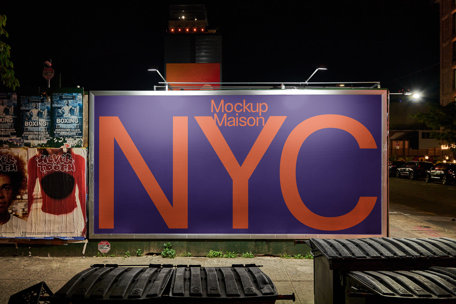 PSD mockup of a large outdoor billboard at night, featuring prominent bold text reading "NYC" in orange against a purple background.