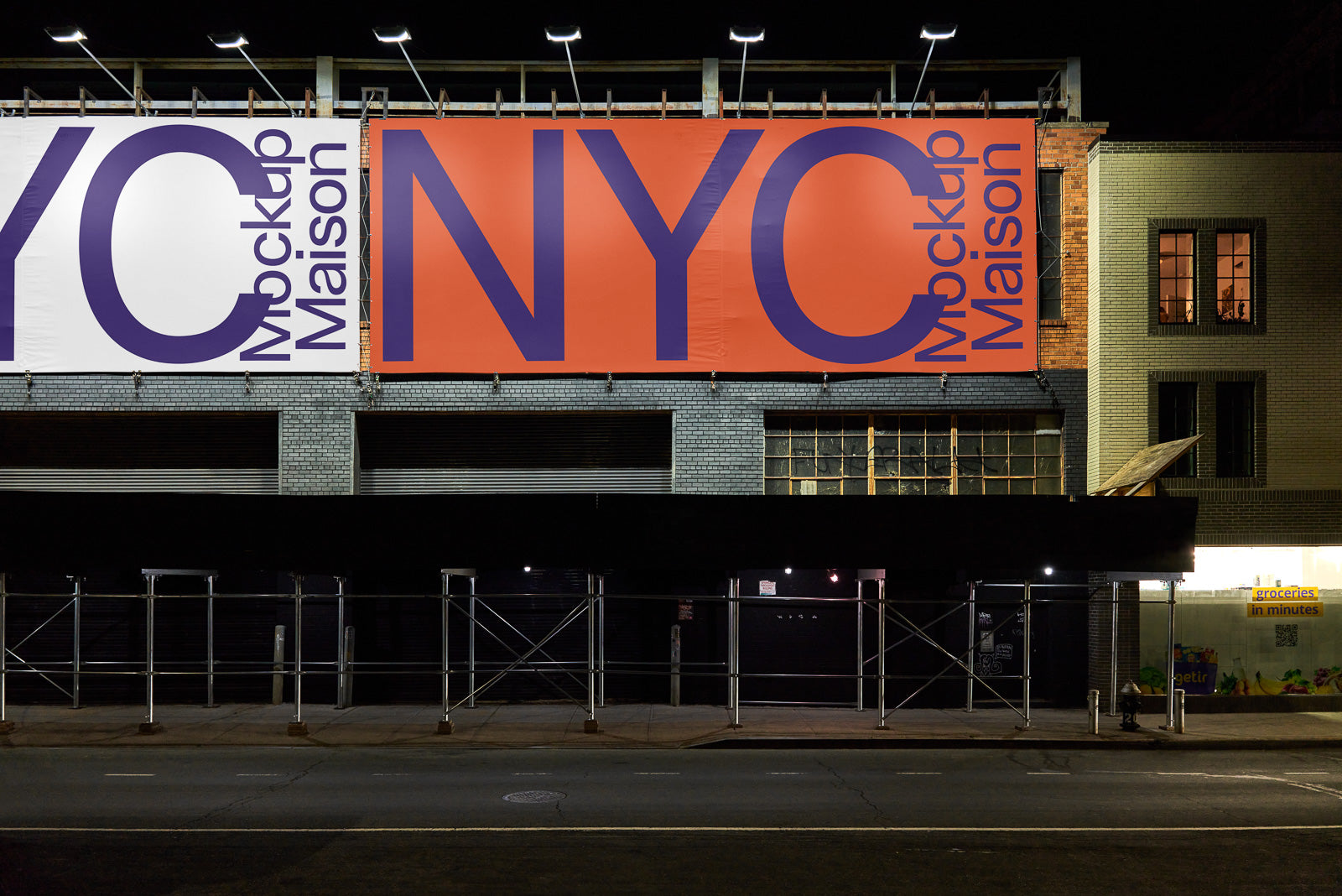 PSD mockup of two large billboards on an urban street, one white with "NYC" in blue, and the other orange with "NYC" in blue, under night lighting.