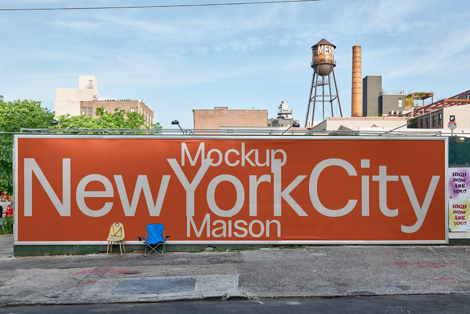 PSD mockup of an urban billboard featuring bold text "New York City Maison" in large white letters on an orange background, outdoors on a city street.