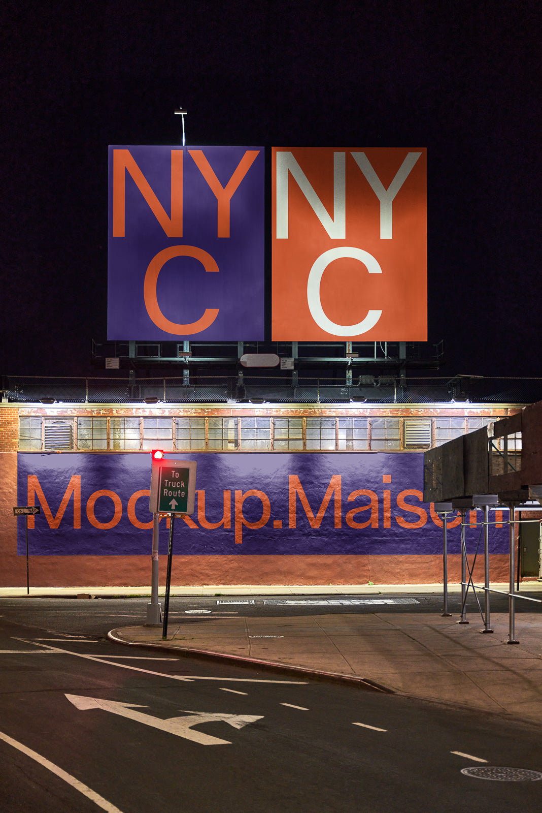 PSD mockup of an urban street scene at night featuring a large billboard with NYCC text in bold colors set against a brick building facade.