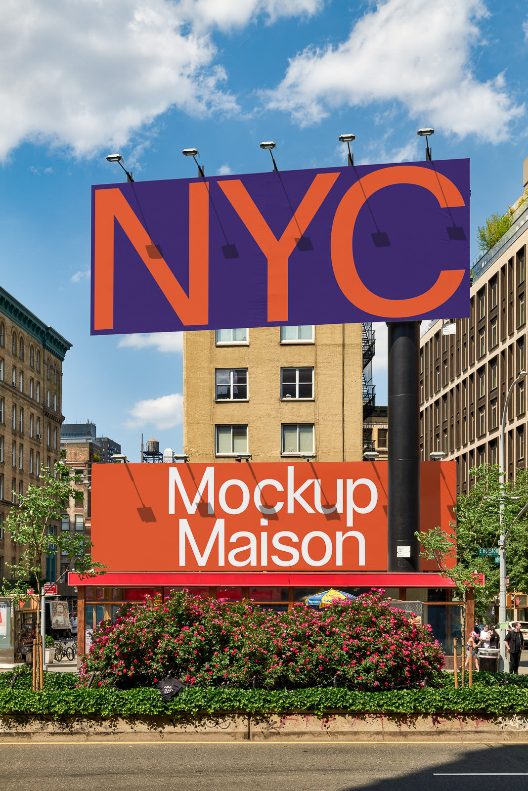 PSD mockup of a city street scene with two large billboards, one reading "NYC" in bold letters and the other displaying "Mockup Maison," set against urban buildings.