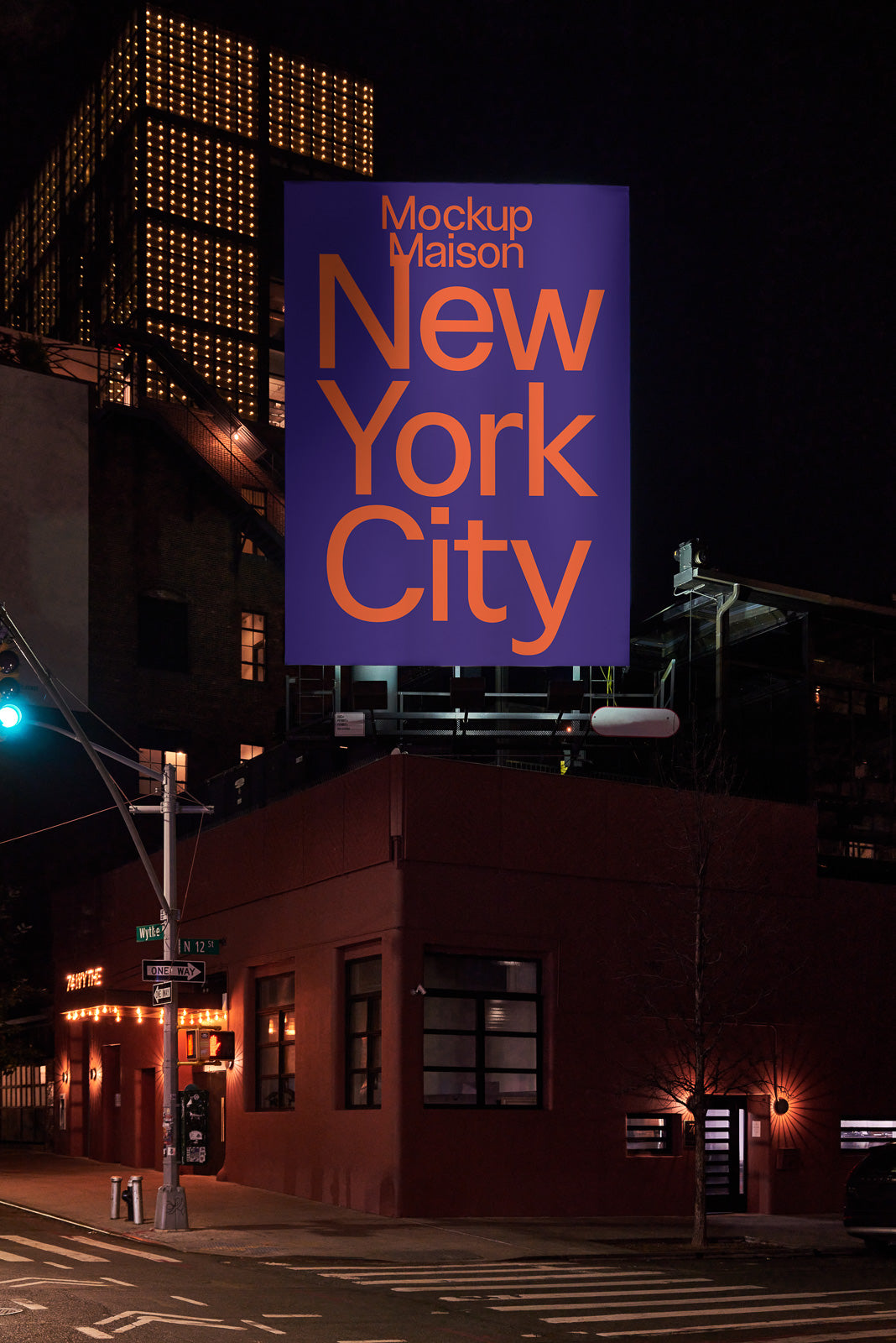 PSD mockup of a large urban billboard with "New York City" text, illuminated at night against a city backdrop.