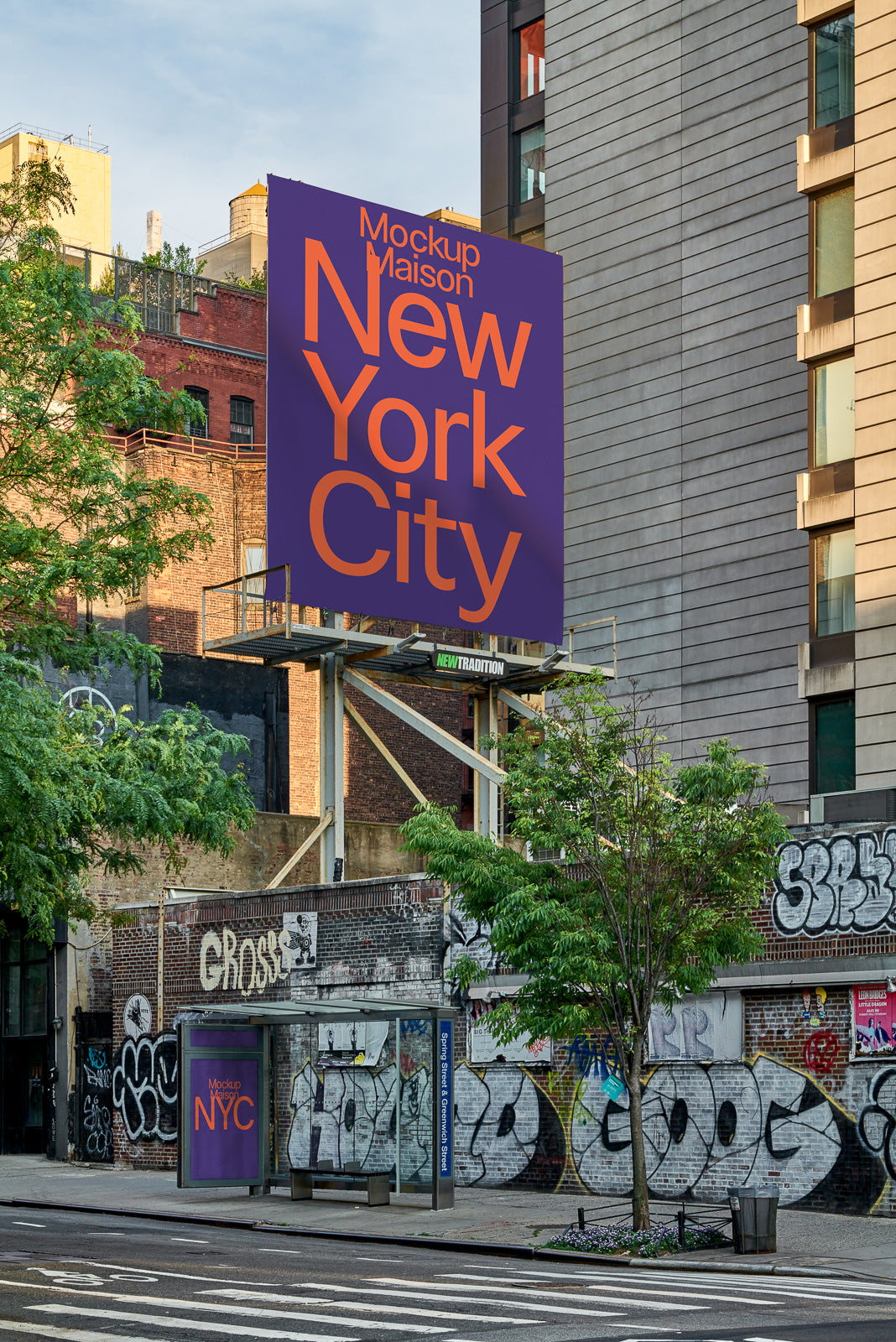 PSD mockup of a large purple billboard with orange text "Mockup Maison New York City" against an urban backdrop with graffiti-covered walls.