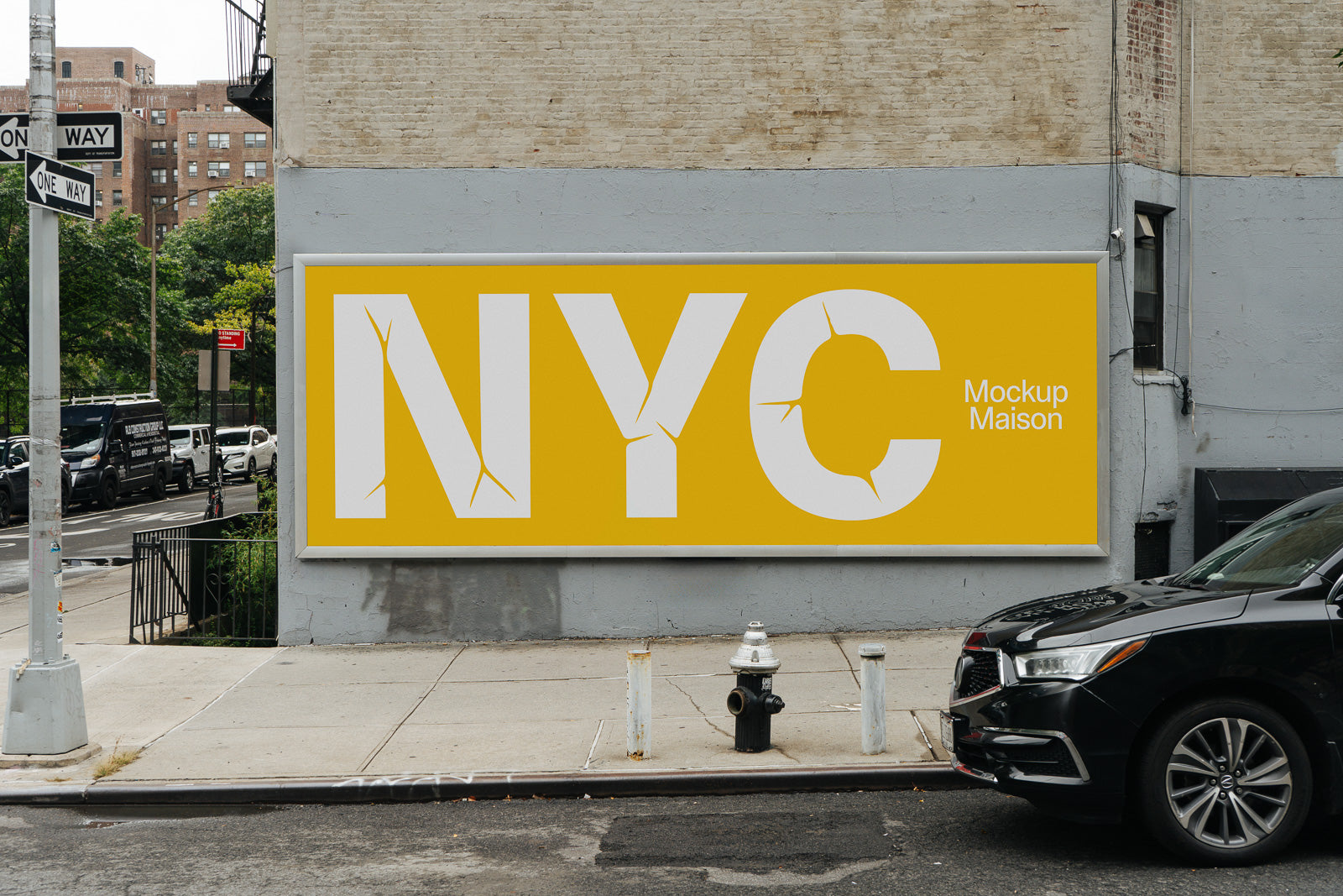 PSD mockup of a street billboard with bold "NYC" text on a yellow background, positioned on a city sidewalk near parked cars and street signs.