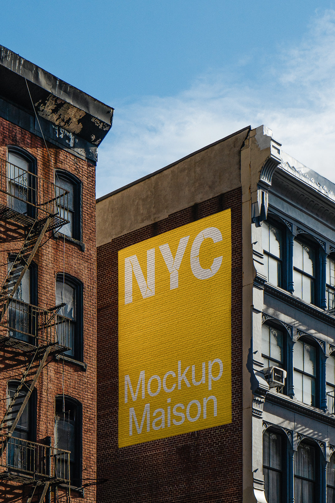 PSD mockup of a yellow billboard on a brick building with text "NYC Mockup Maison" prominently displayed. Adjacent are rustic fire escape stairs.