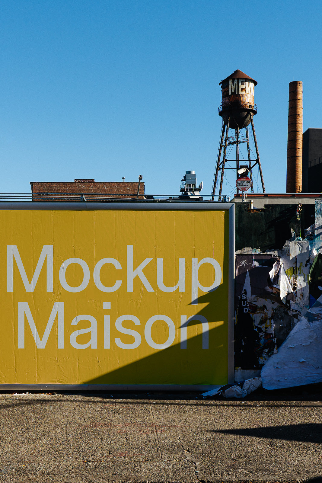 PSD mockup of a large yellow billboard with "Mockup Maison" text, set against an urban backdrop with a vintage water tower and industrial buildings.