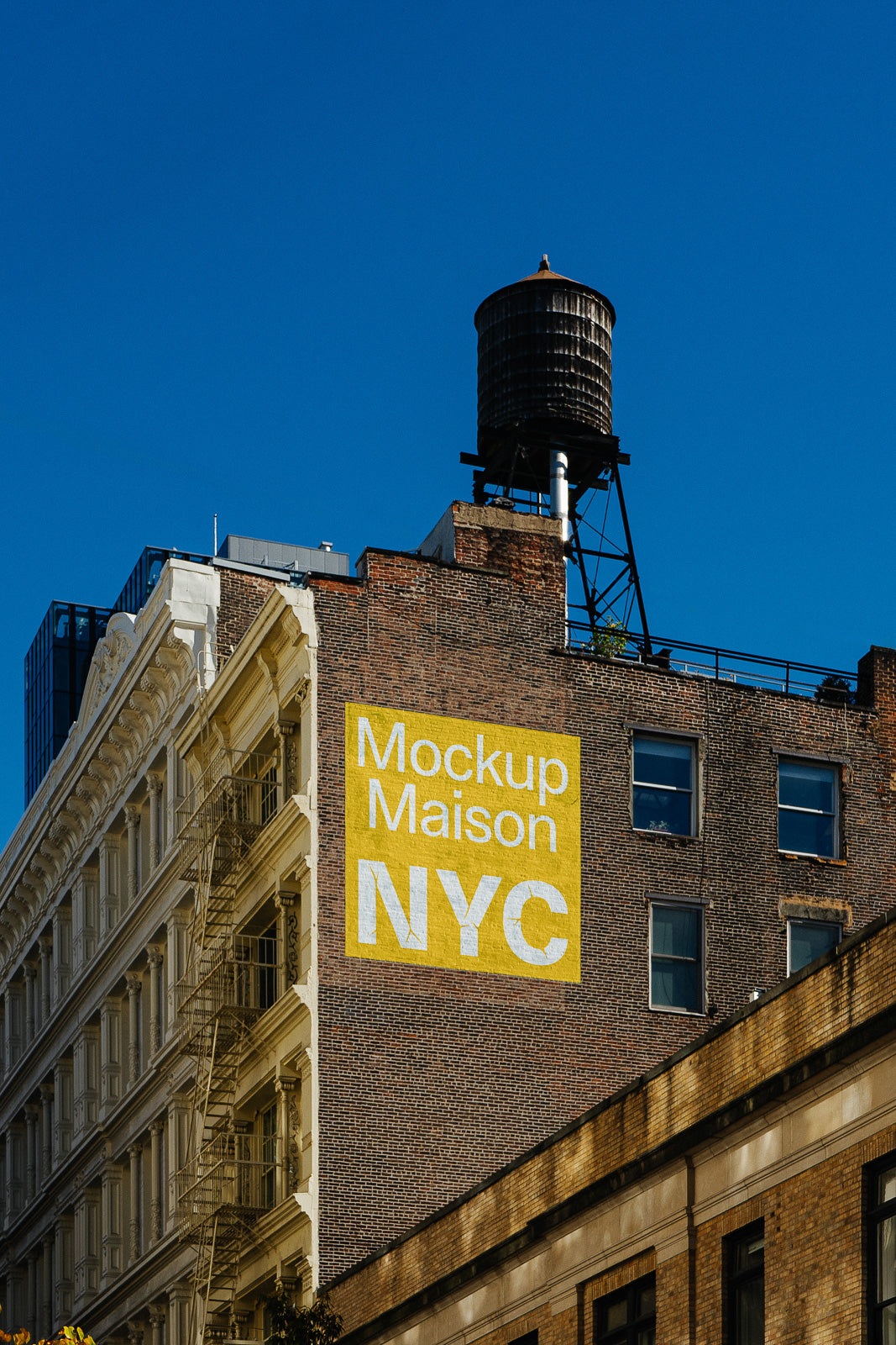PSD mockup of a brick building facade featuring a bold yellow advertisement with text "Mockup Maison NYC" beside a classic water tower under a clear blue sky.