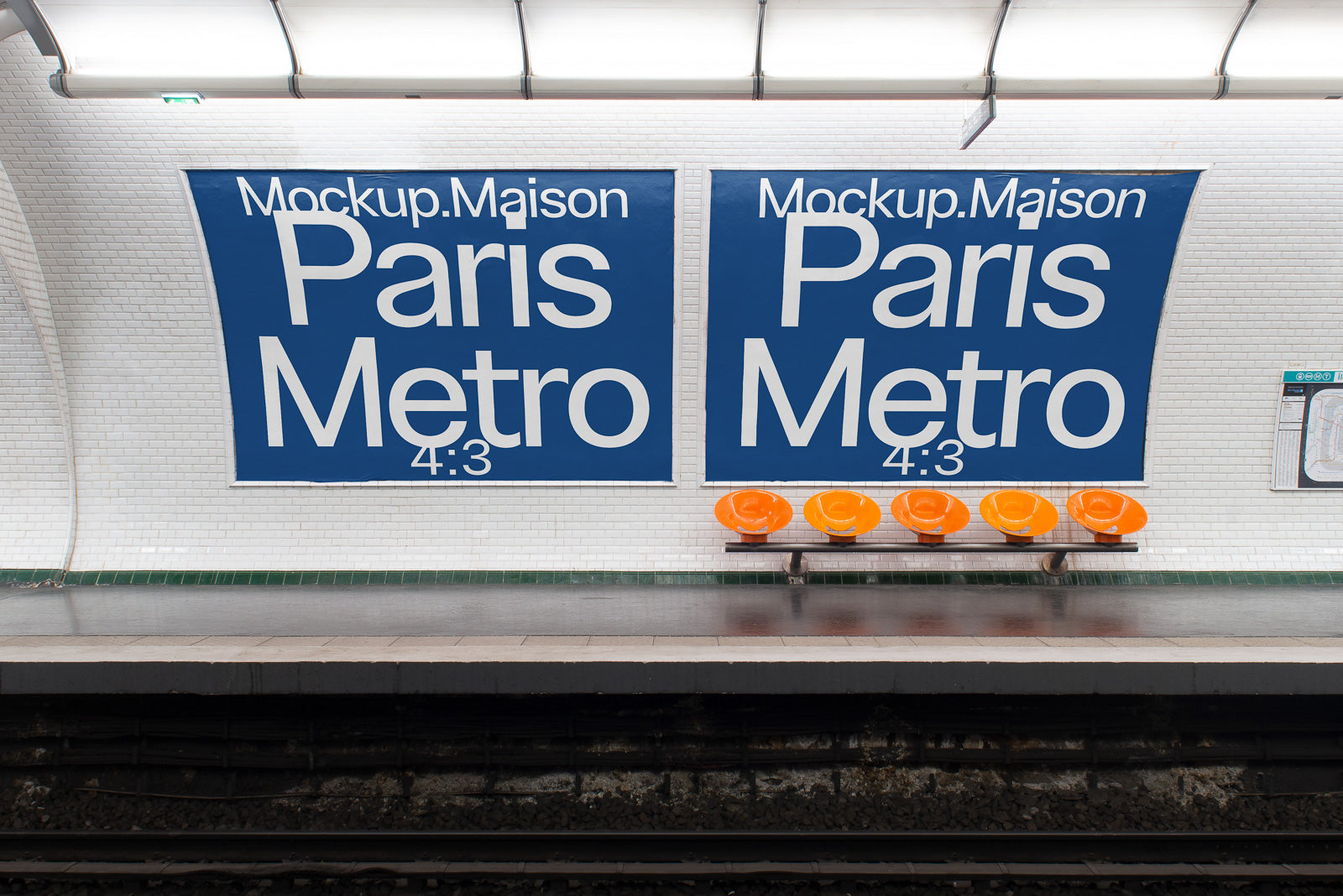 PSD mockup of Paris Metro station with two large blue advertisement posters on tiled wall, featuring orange seats below.