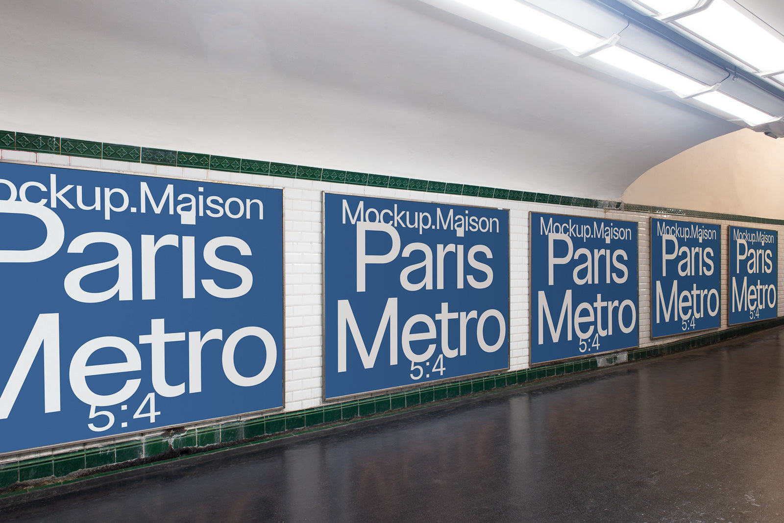 PSD mockup of large blue advertisement posters on a tiled wall in a subway station, featuring the text "Mockup.Maison Paris Metro 5:4".