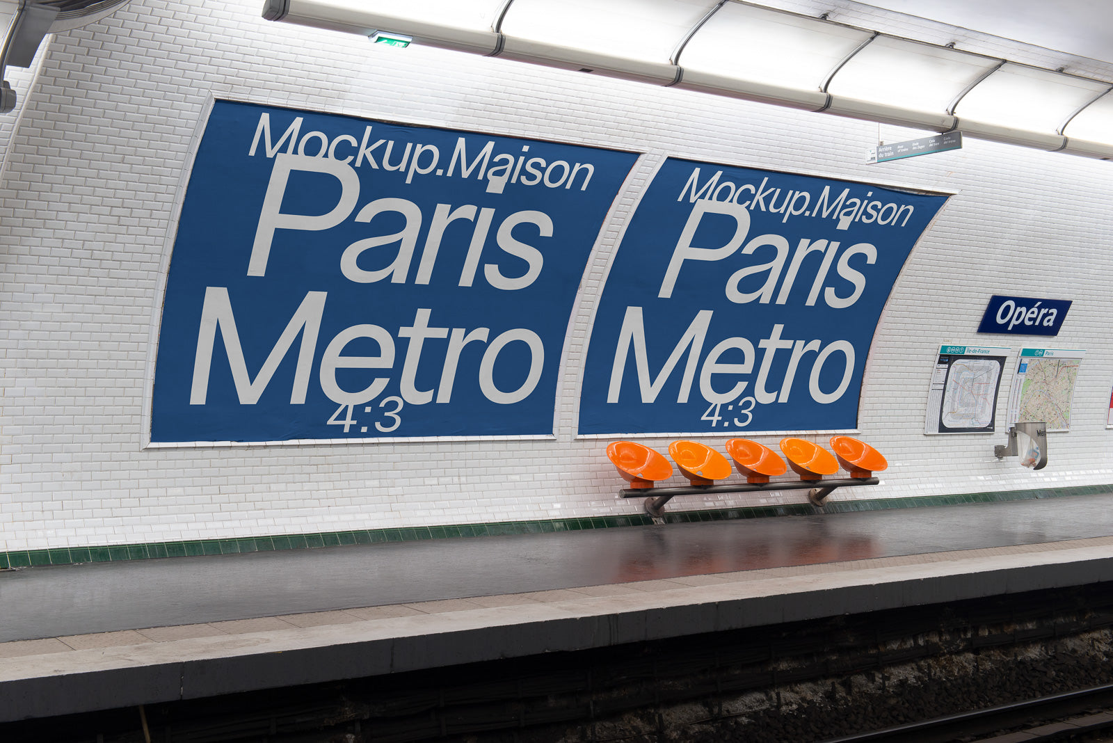 PSD mockup of Paris Metro station platform with two large blue posters displaying "Mockup.Maison Paris Metro 4:3" above orange seats.