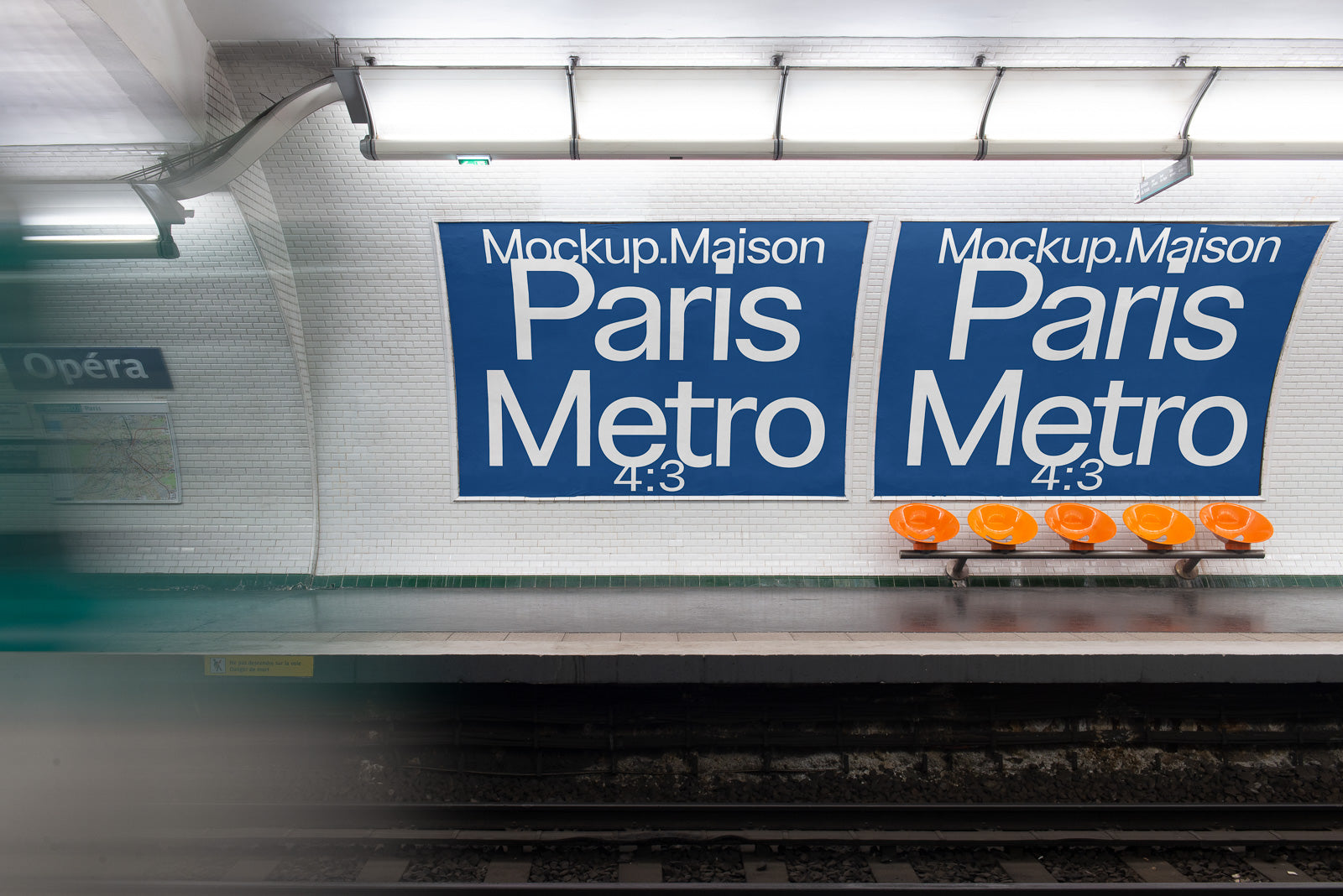PSD mockup of a Paris Metro station platform with blue wall posters and orange seats, capturing urban transport elements and ambiance.