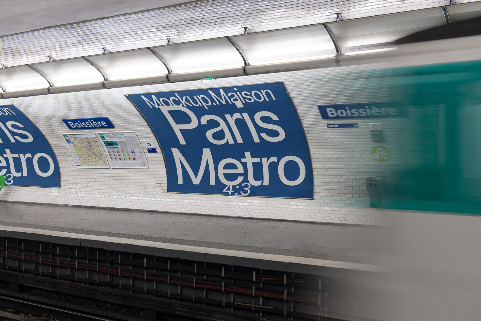 PSD mockup of Paris Metro station with a large poster displaying "Mockup Maison Paris Metro 4:3" on a tiled wall. A train is seen passing by.
