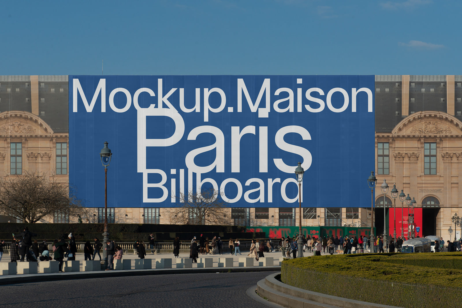 PSD mockup of a large billboard with bold white text "Mockup.Maison Paris Billboard" in front of a historic building facade under a clear blue sky.