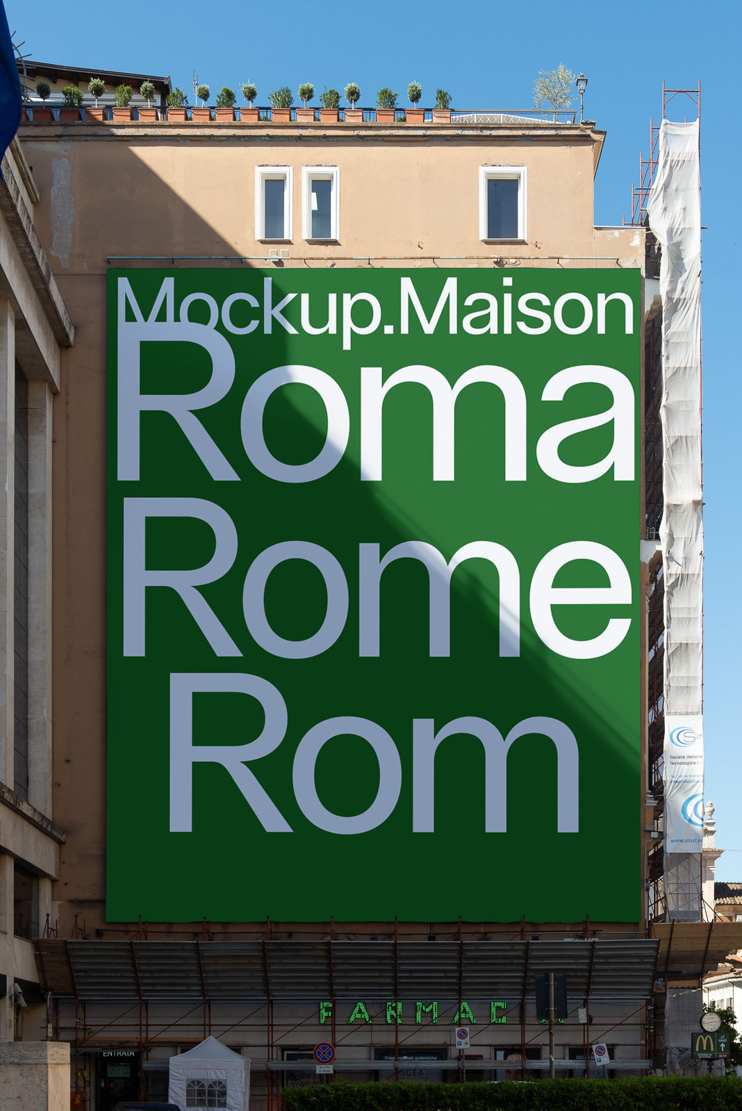 PSD mockup of a large green billboard on a building facade, featuring the words "Mockup.Maison Roma Rome Rom" in bold white text.