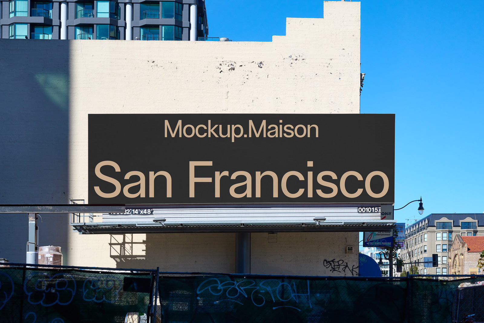 PSD mockup of a large billboard on a city street with "San Francisco" displayed prominently, surrounded by urban buildings and clear skies.