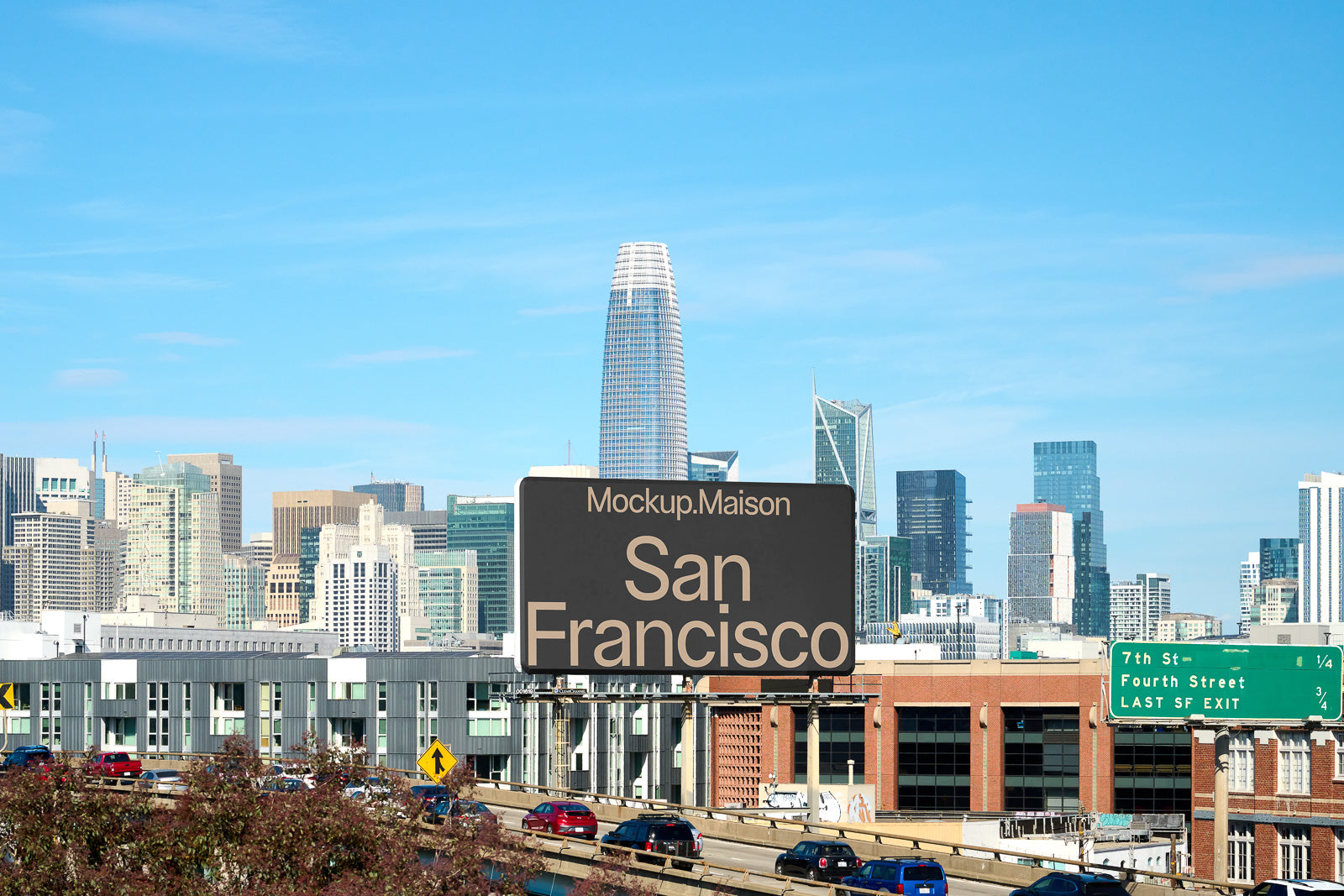 PSD mockup of a large billboard displaying "San Francisco" with city skyscrapers in the background under a clear blue sky.