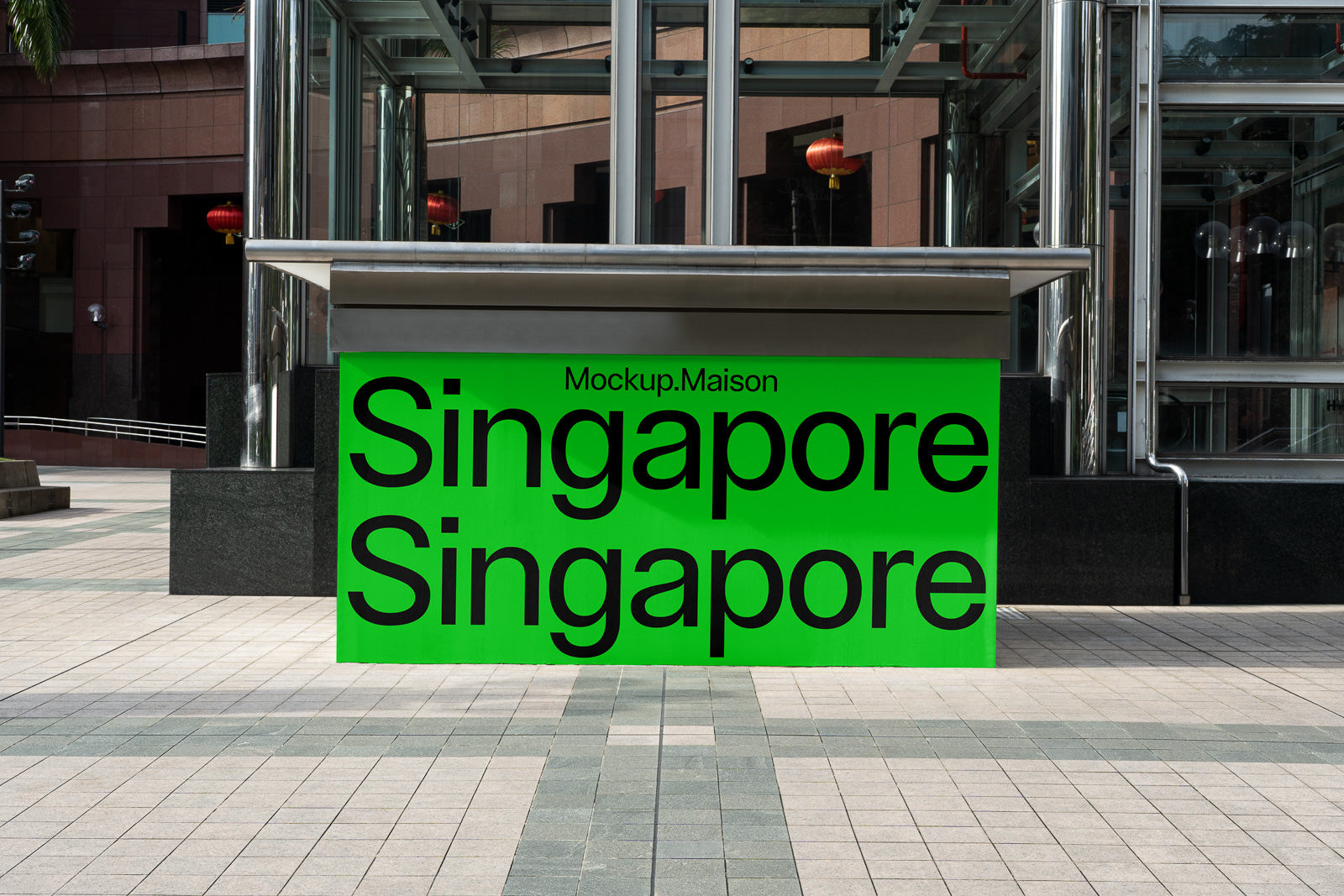PSD mockup of a vibrant green sign with bold black text displaying "Singapore" twice, positioned in an urban outdoor setting with modern architecture.