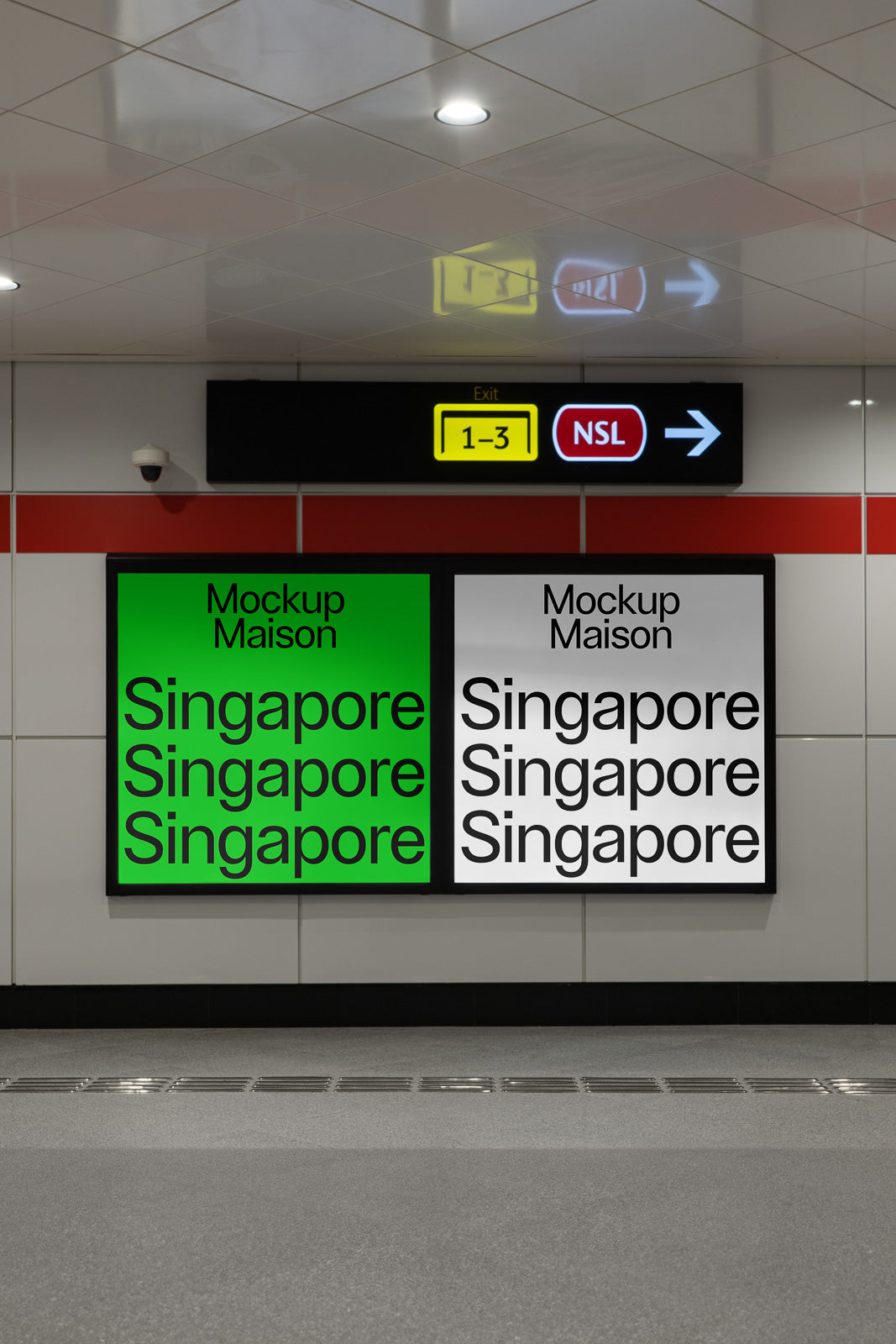 PSD mockup of two adjacent posters in a subway station, displaying repeated text "Singapore" against green and white backgrounds under the title "Mockup Maison".