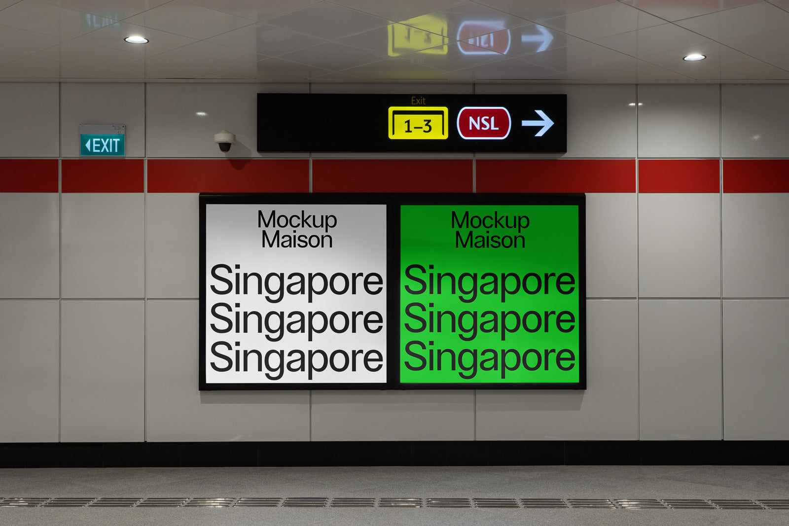 PSD mockup of two subway posters displaying the word "Singapore" three times, one with a white background and the other with a green background, set in a tiled station.
