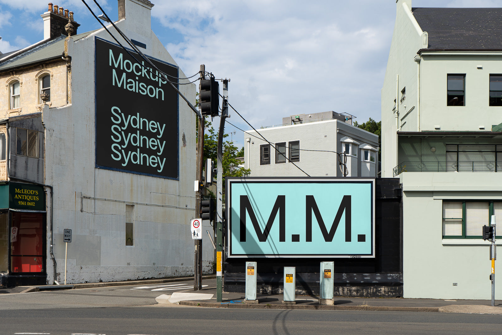 PSD mockup of large building wall and street billboard with bold text, set in an urban street corner, featuring signage themes.