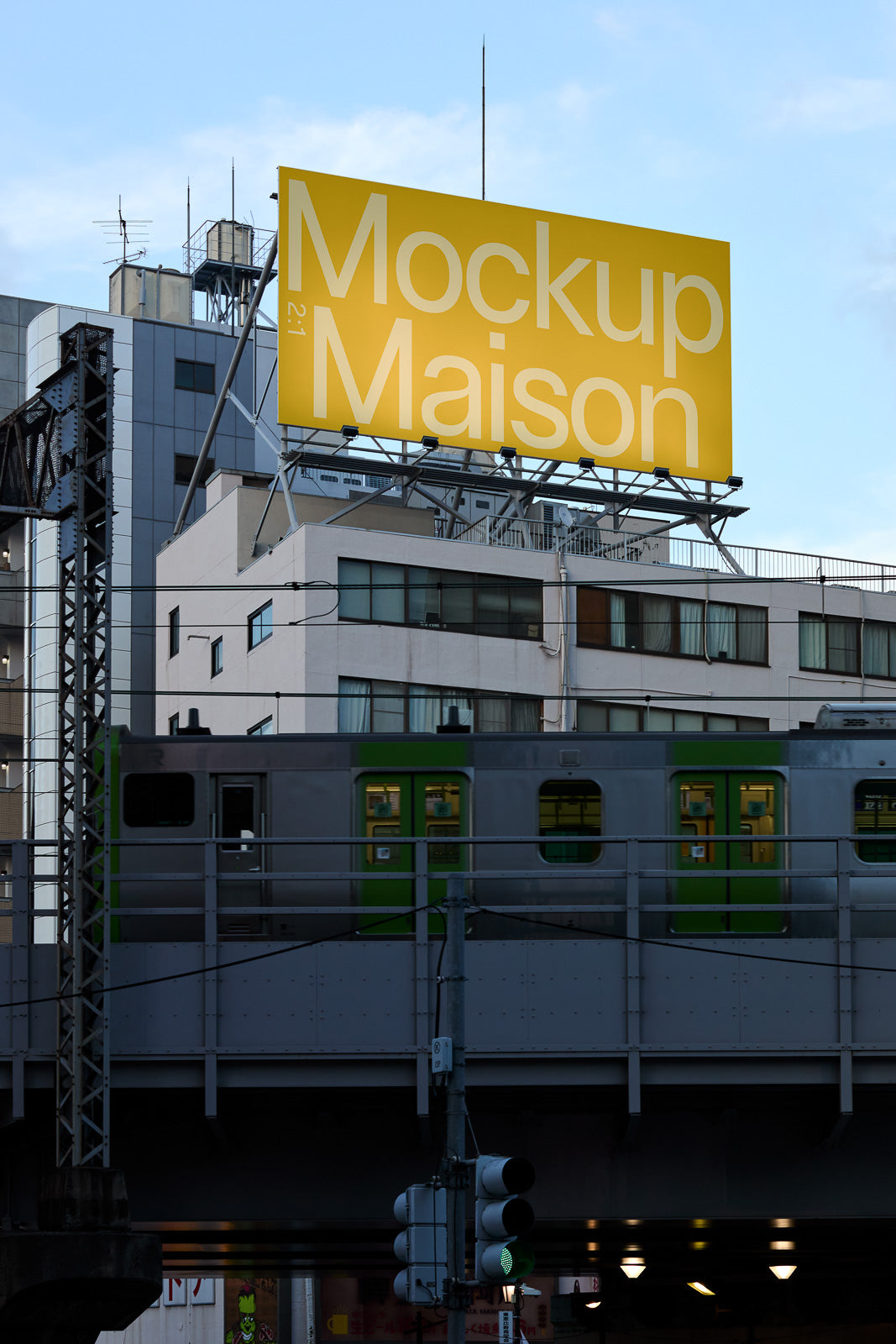 PSD mockup of a large yellow billboard with text "Mockup Maison" mounted on a building rooftop with a train passing by in the foreground.