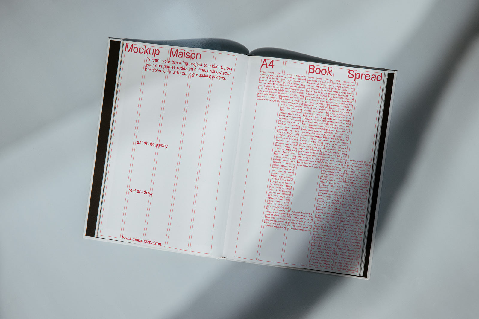 PSD mockup of an open A4 book with text spread across both pages in a minimal, professional design, featuring red typography on a light background.