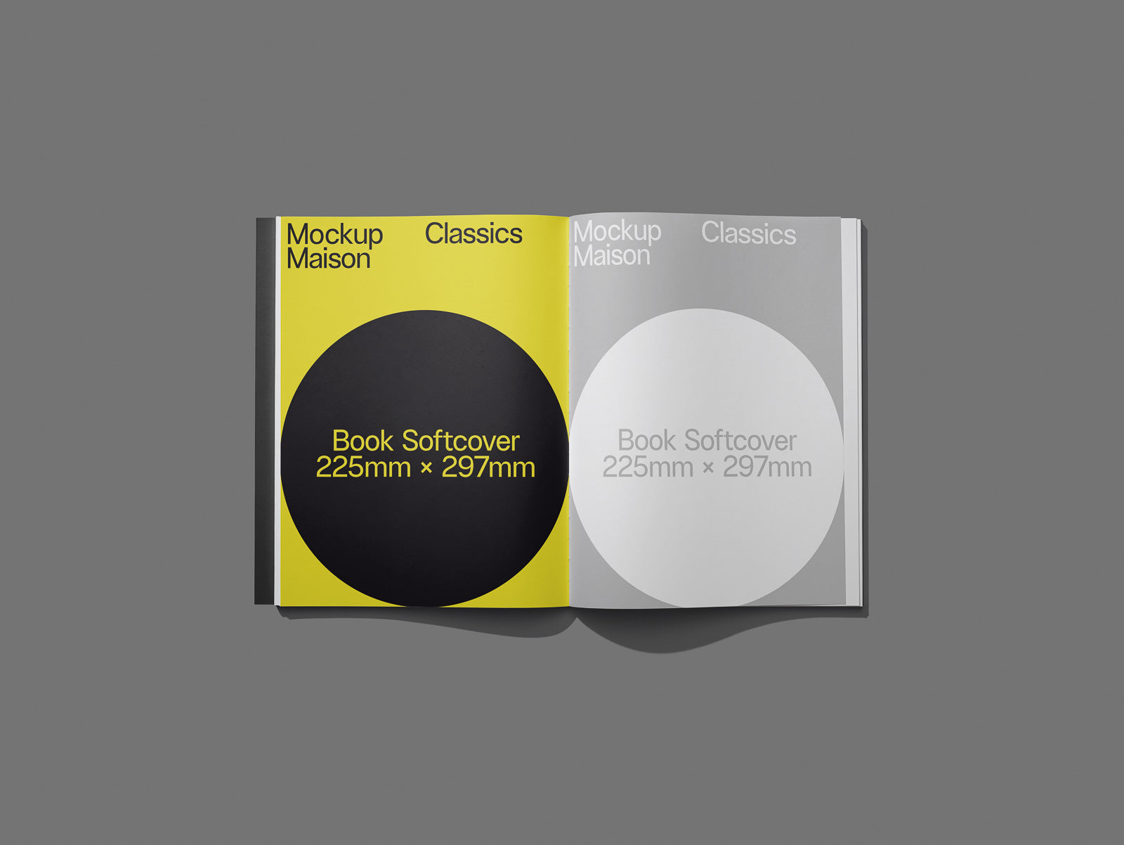 PSD mockup of an open softcover book with a yellow and gray spread, featuring large circles and text "Mockup Maison Classics" and "Book Softcover 225mm × 297mm."