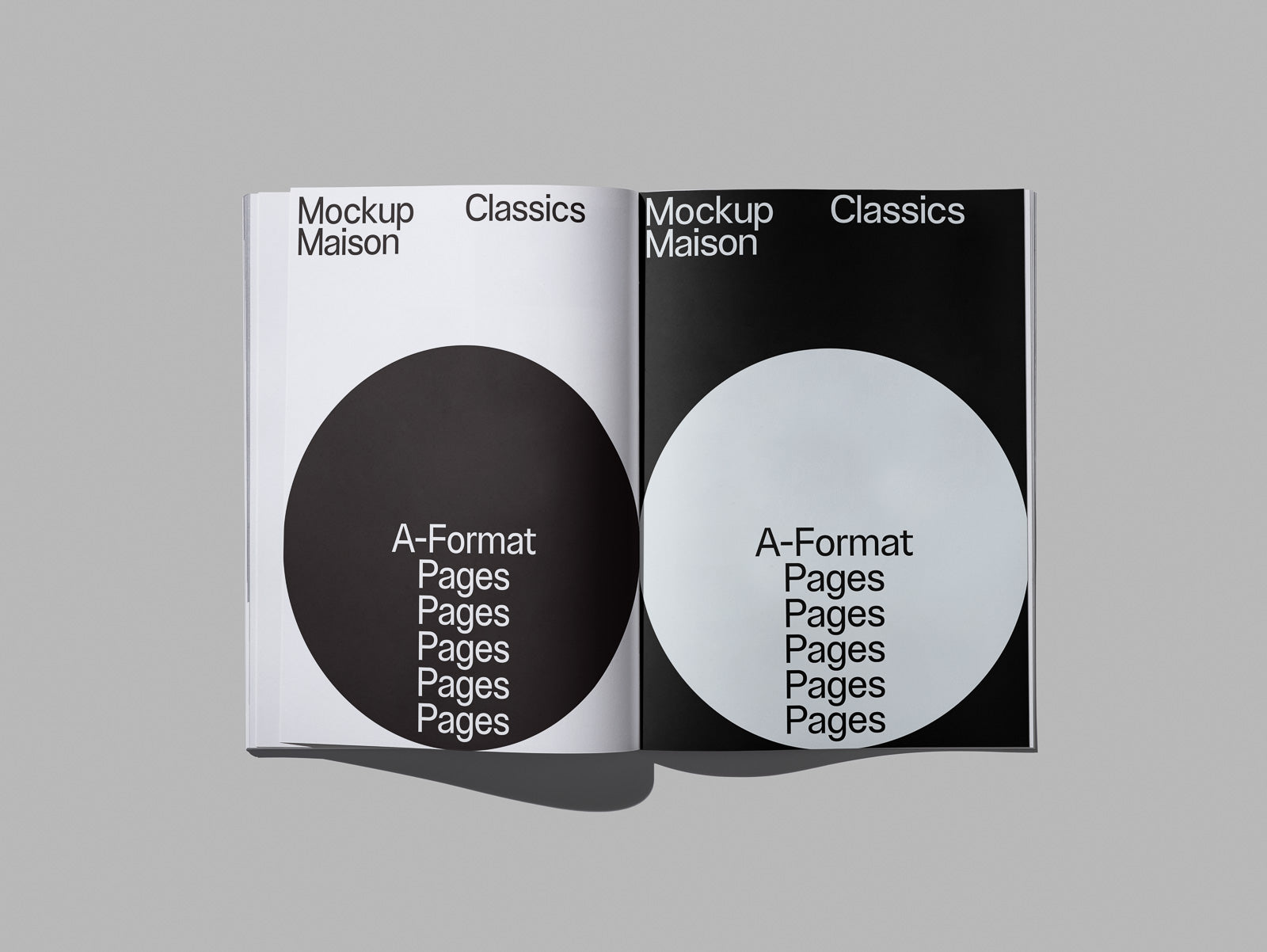 PSD mockup of an open magazine displaying two pages with contrasting black and white circular designs and text "A-Format Pages".