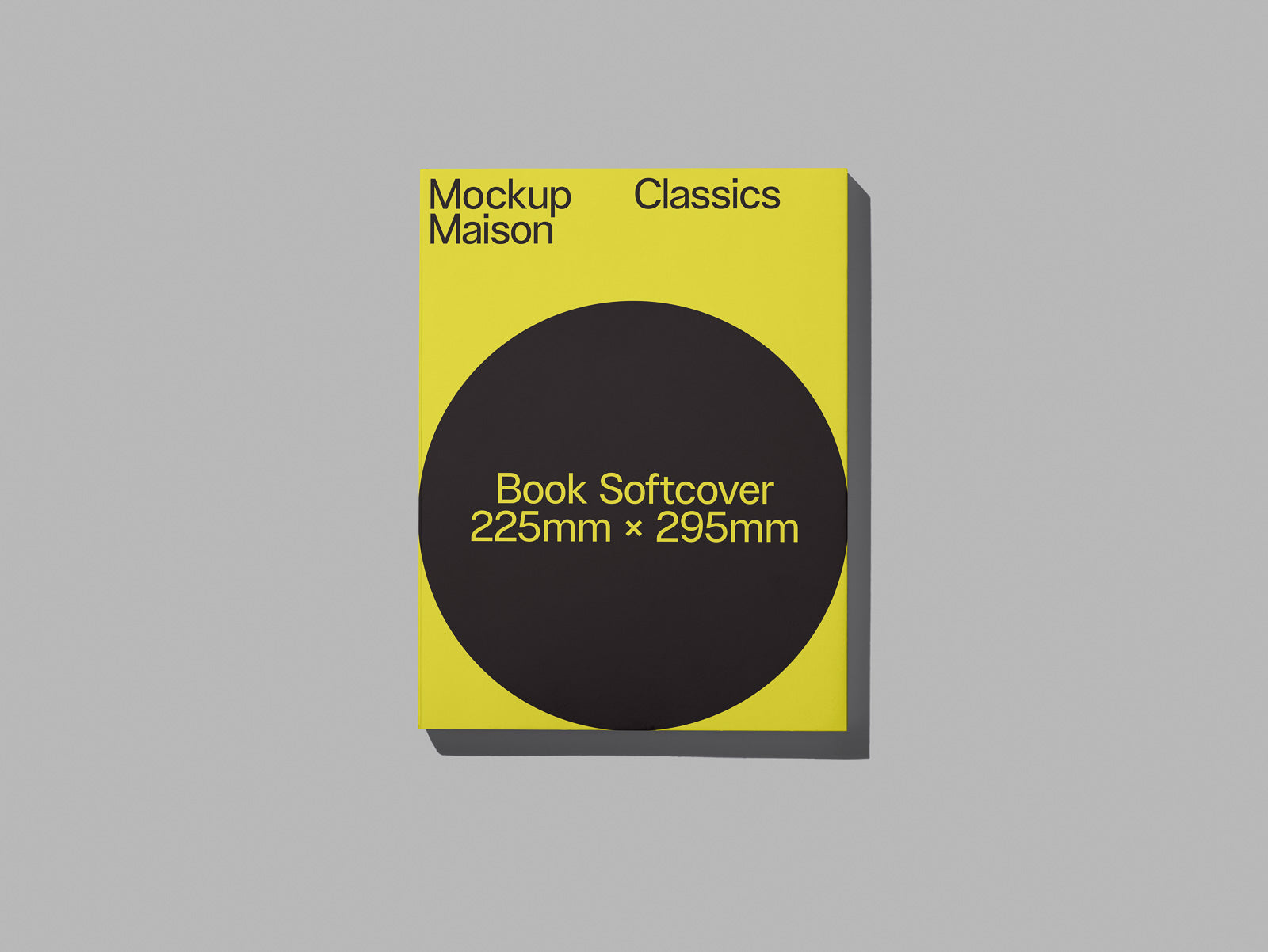 PSD mockup of a book softcover with dimensions 225mm x 295mm, featuring yellow and black design elements, labeled "Mockup Maison Classics."