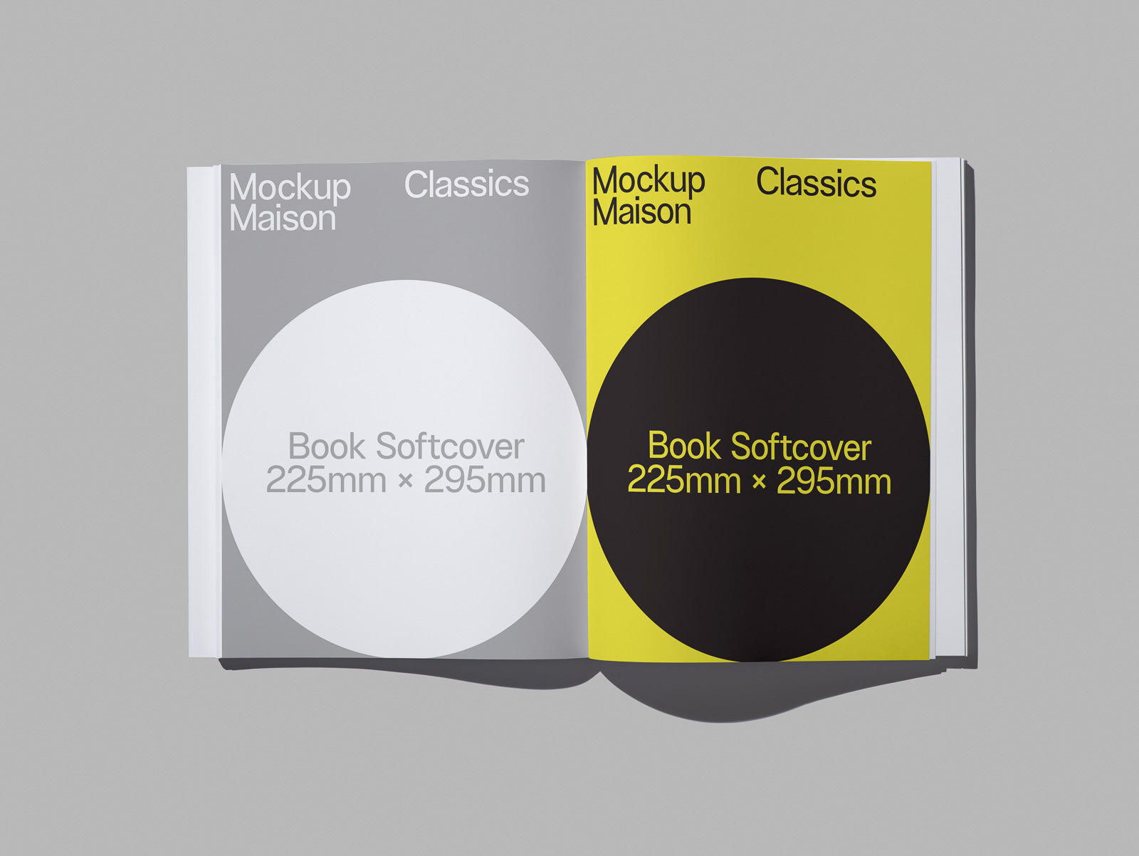PSD mockup of an open softcover book displaying two pages, one gray and one yellow, each titled "Mockup Maison Classics" with a large circle below showing "Book Softcover 225mm × 295mm".
