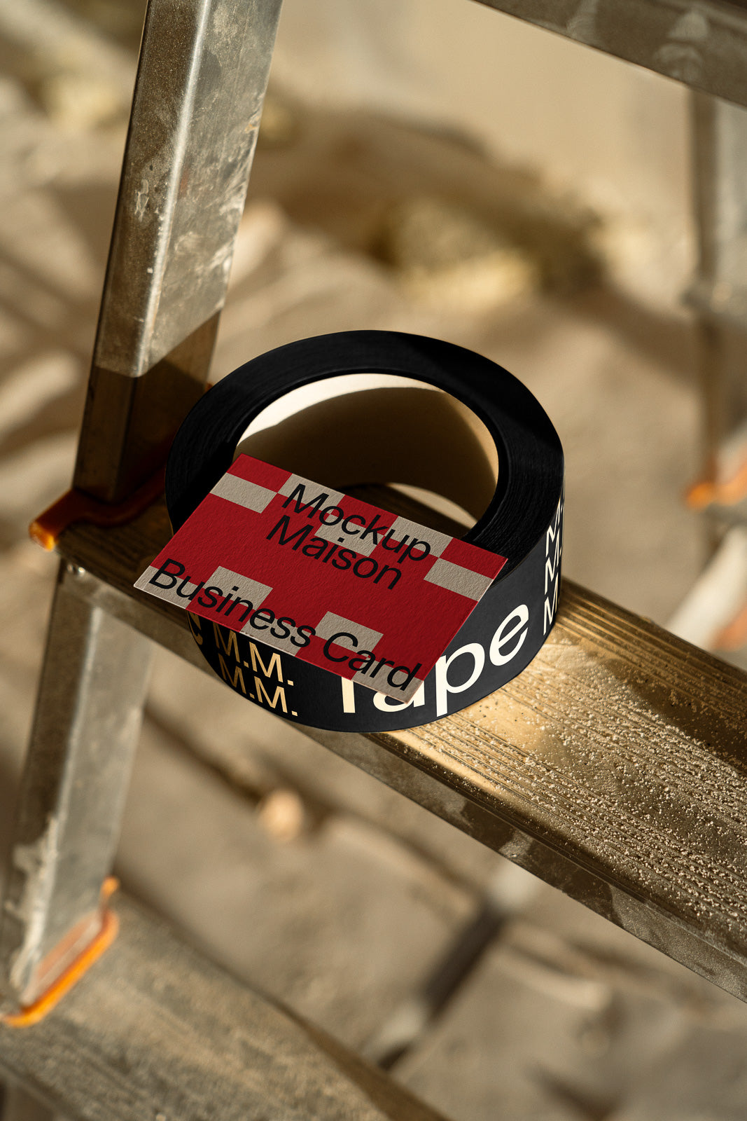 PSD mockup of a black roll of tape on a wooden ladder, displaying a red business card labeled "Mockup Maison Business Card," with sunlight casting shadows.