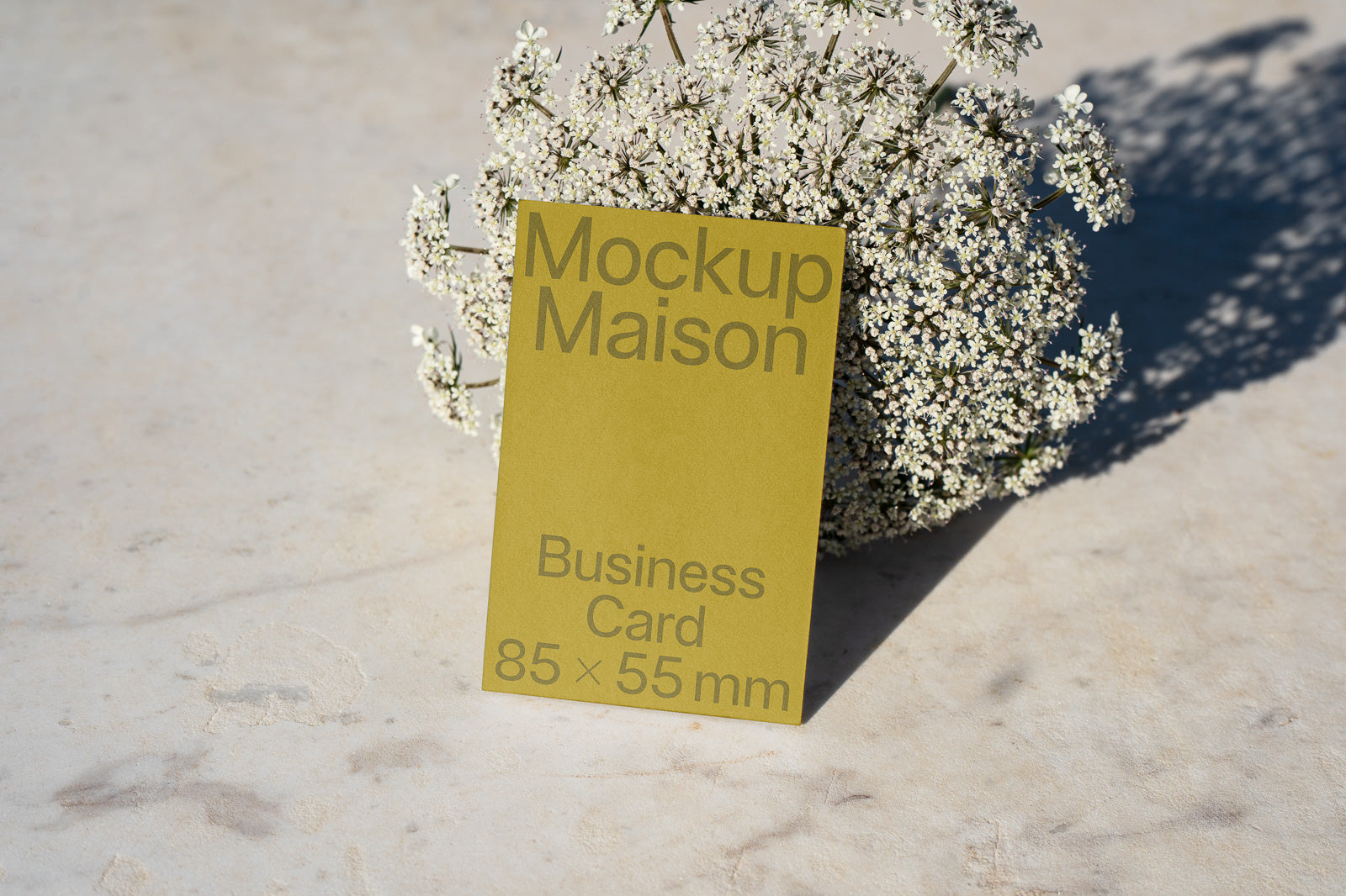 PSD mockup of a 85x55mm business card in front of white flowers on a light textured surface, displaying the text "Mockup Maison".