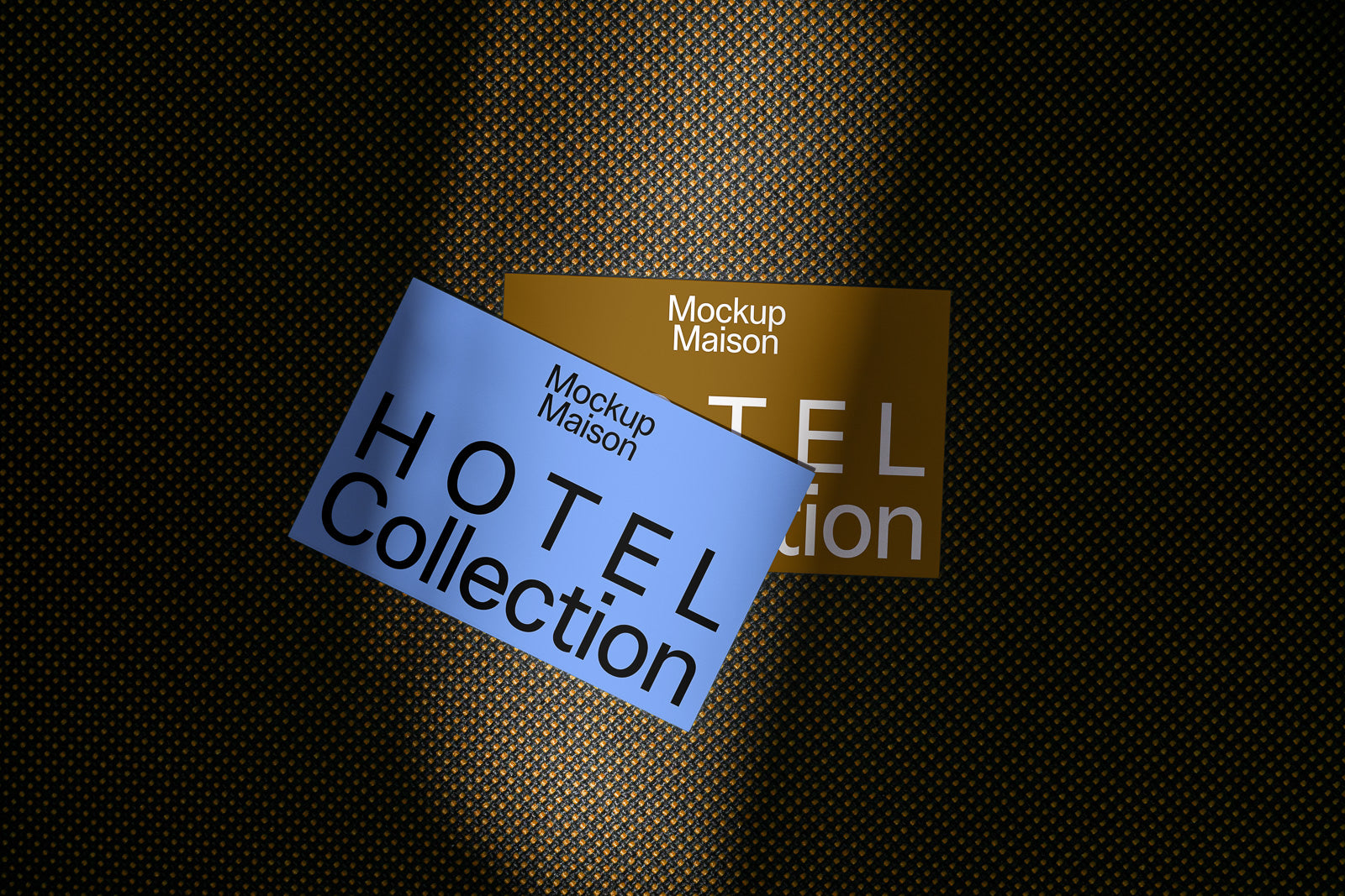 PSD mockup of two overlapping cards with "Hotel Collection" text on textured background, one blue, one brown, under a spotlight.