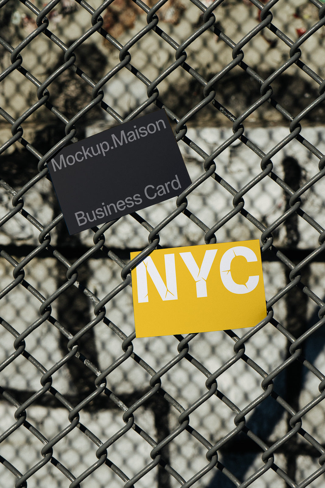 PSD mockup of two business cards pinned to a chain-link fence, one black with text "Mockup.Maison Business Card" and one yellow with text "NYC."