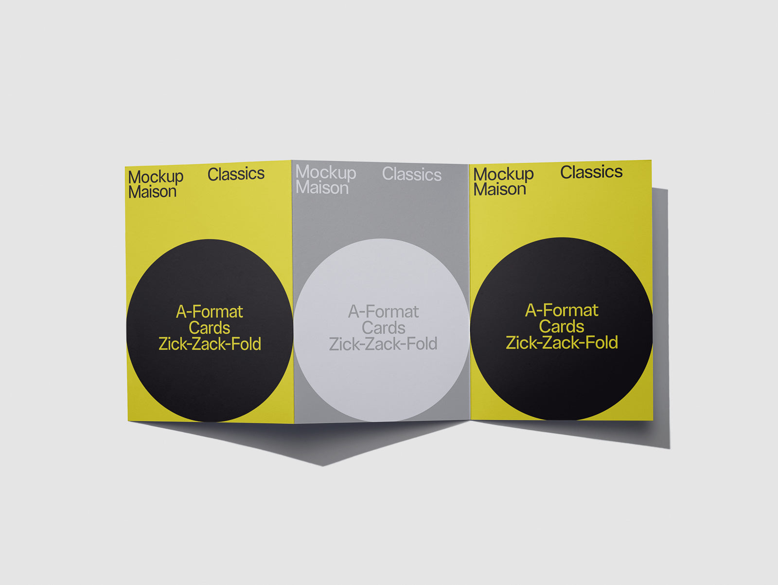 PSD mockup of a three-panel zick-zack-fold brochure featuring bold circular designs with "A-Format Cards Zick-Zack-Fold" on each panel.