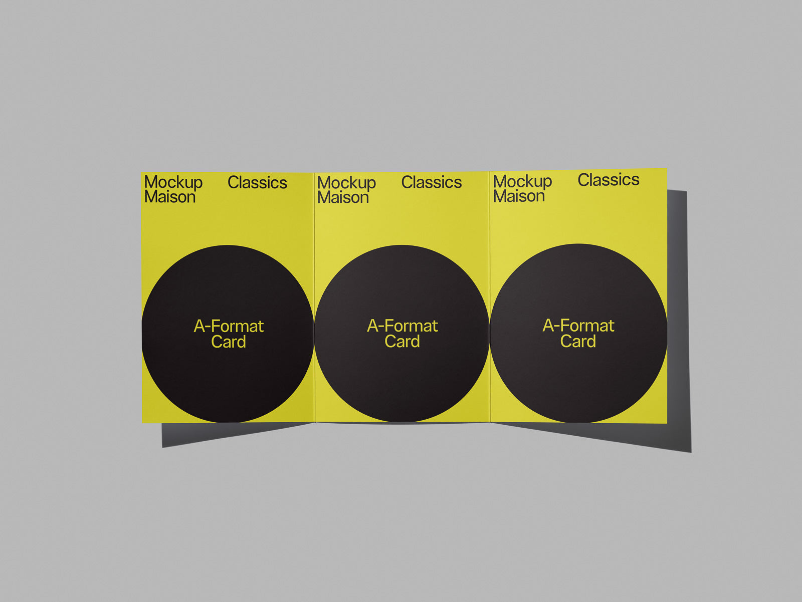 PSD mockup of three A-Format cards with black circles and yellow background, featuring the text "Mockup Maison Classics" and "A-Format Card".