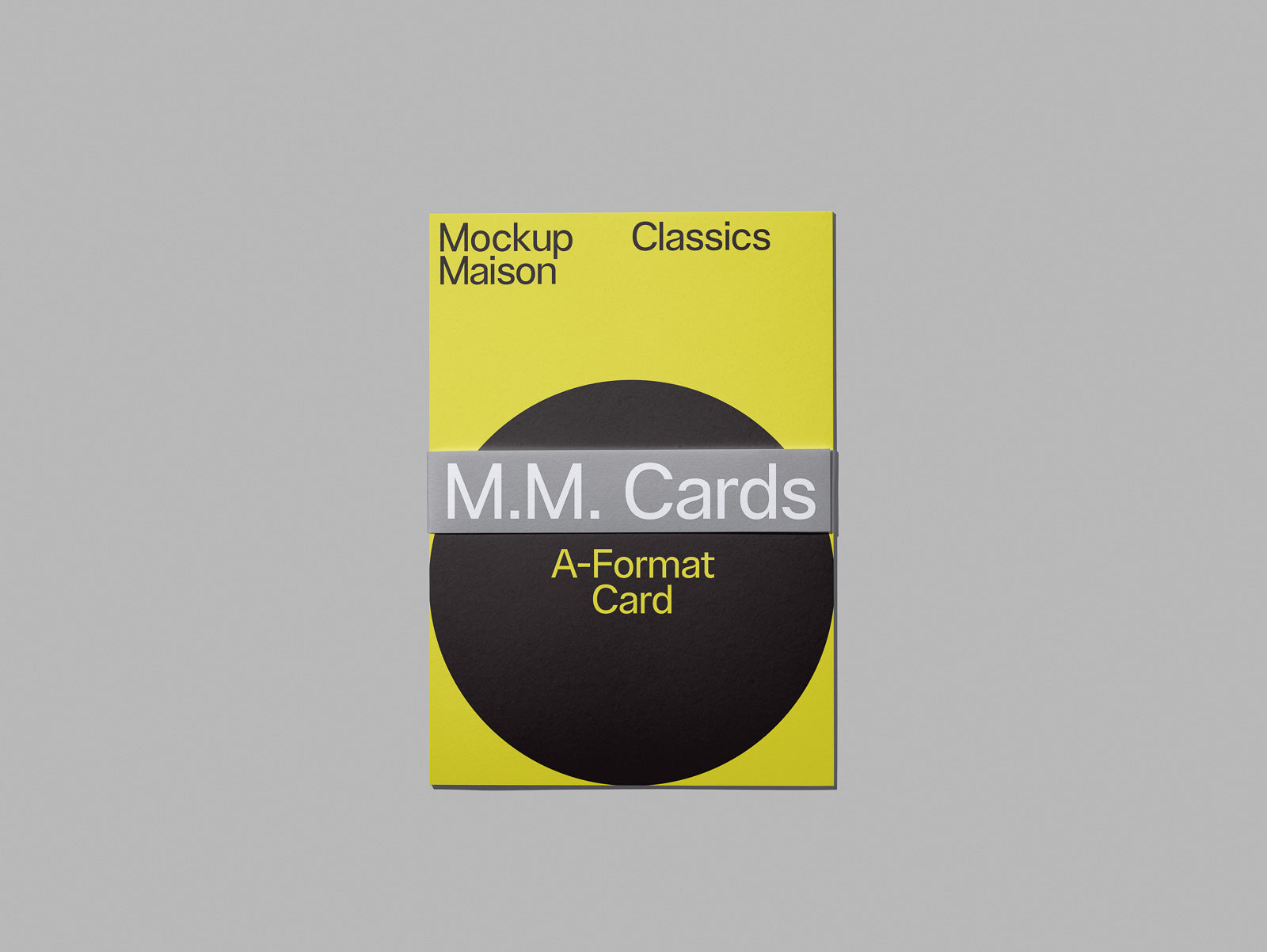 PSD mockup of a rectangular card with a yellow background, featuring a large black circle. Text reads "Mockup Maison Classics" and "M.M. Cards A-Format Card."