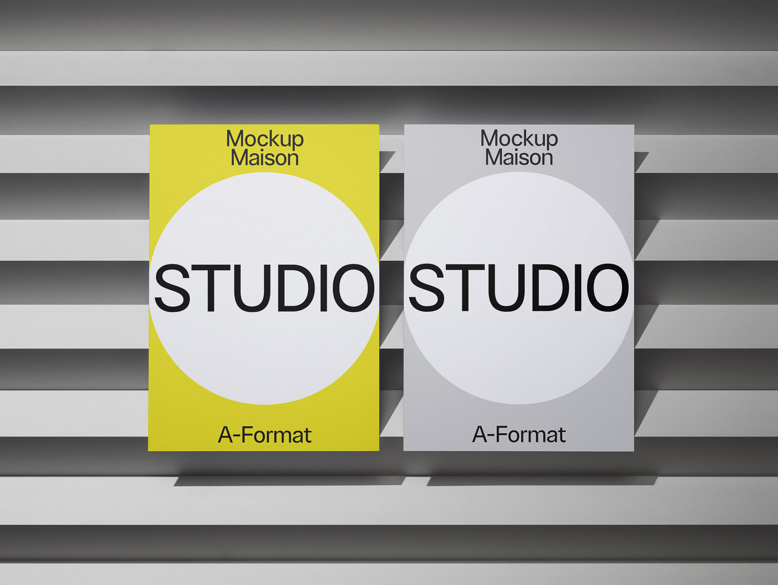 PSD mockup of two posters on a slatted wall, one yellow and one gray, both with "STUDIO" in large font and "Mockup Maison" and "A-Format" text.