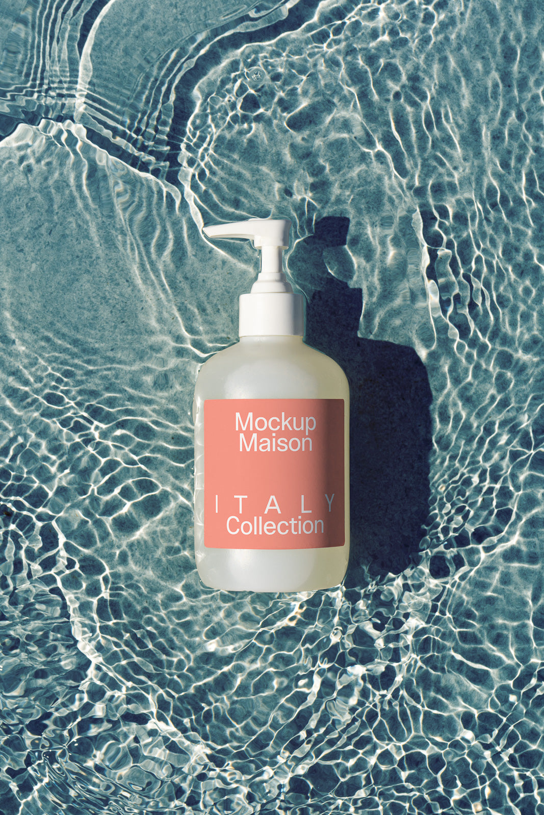 PSD mockup of a pump bottle labeled "Mockup Maison Italy Collection" casting a shadow on a rippling water surface.