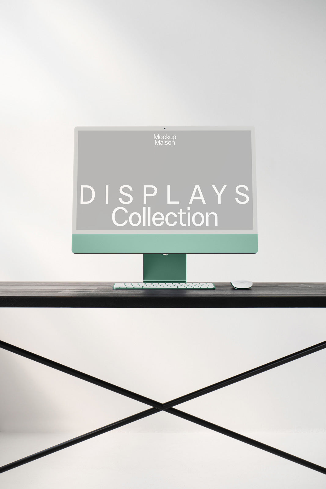 PSD mockup of a modern computer display with a green base and matching keyboard on a dark wooden table, featuring the text "Displays Collection."