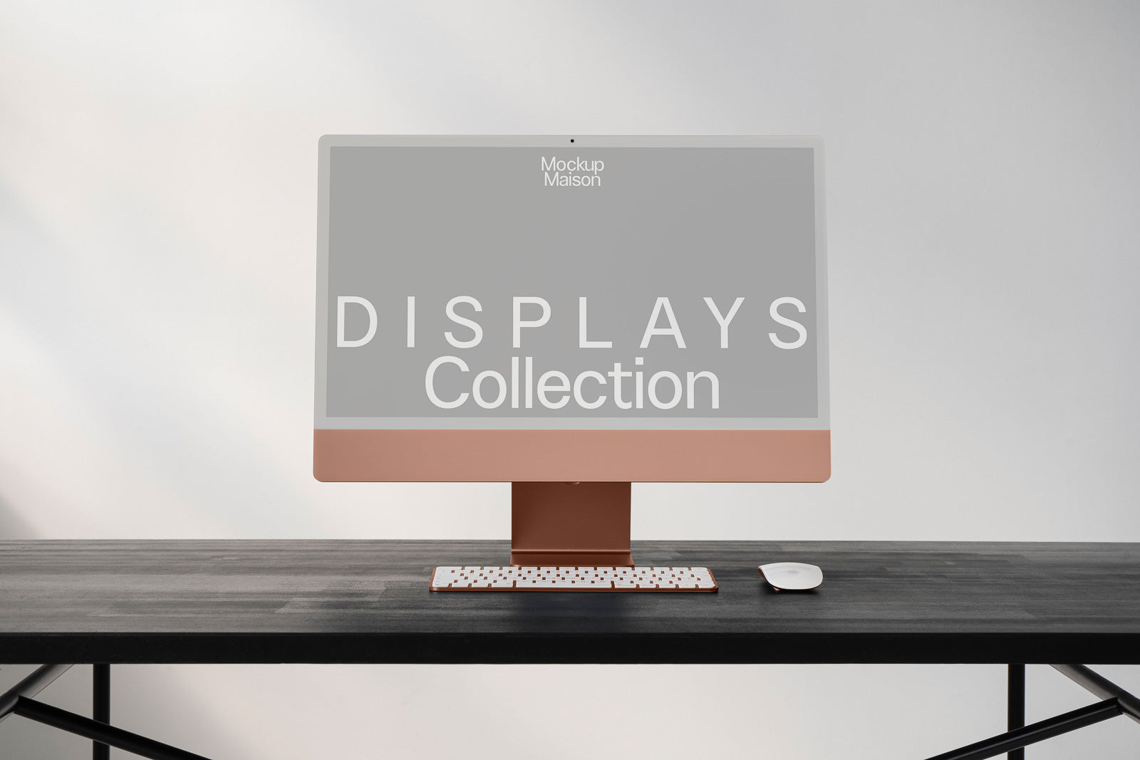 PSD mockup of a modern desktop computer on a sleek black table, featuring a stylish keyboard and mouse set against a minimalistic background.