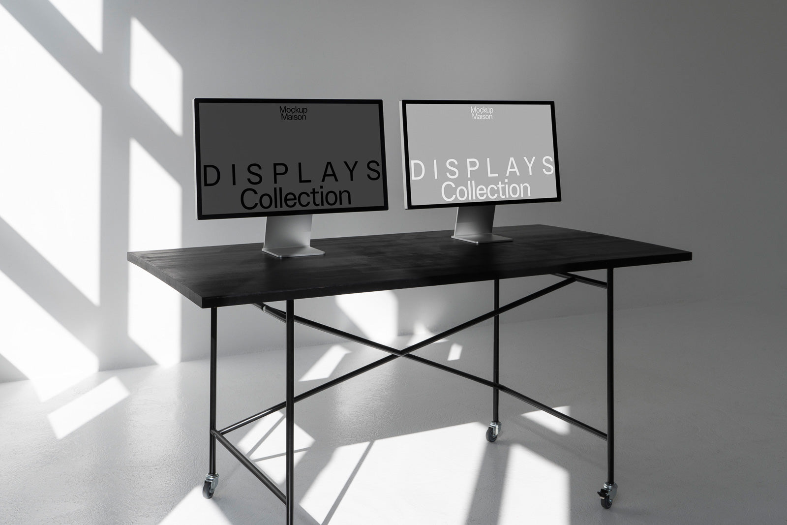 PSD mockup of two modern computer displays on a dark wooden table in a sunlit room, showcasing 'DISPLAYS Collection' text.