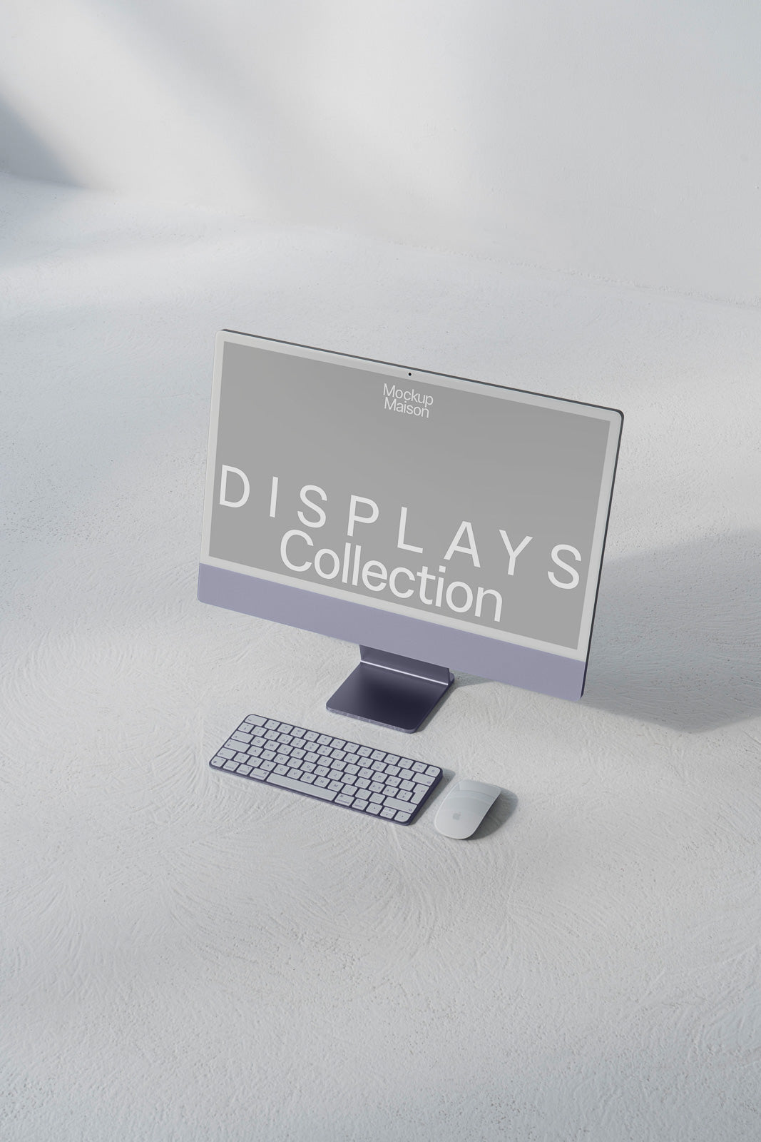 PSD mockup of a modern desktop computer set on a textured surface, featuring a keyboard and mouse, with "Displays Collection" on the screen in bold text.