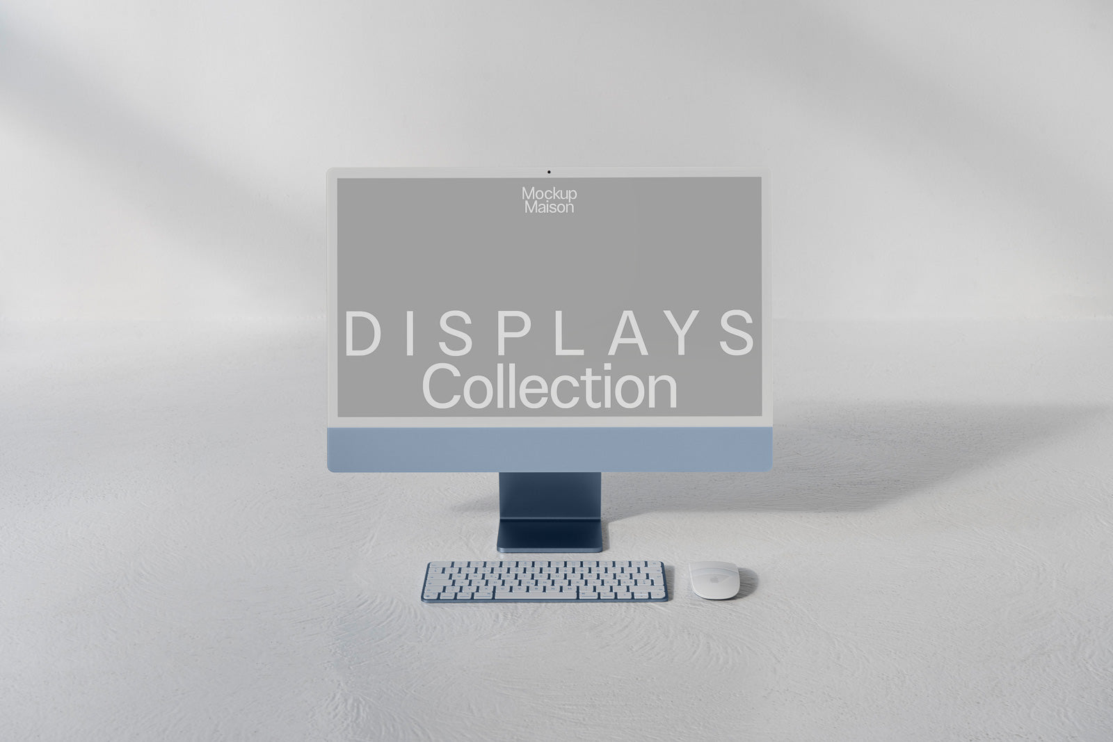 PSD mockup of a computer monitor with a keyboard and mouse on a white surface, featuring the text "DISPLAYS Collection" on the screen.