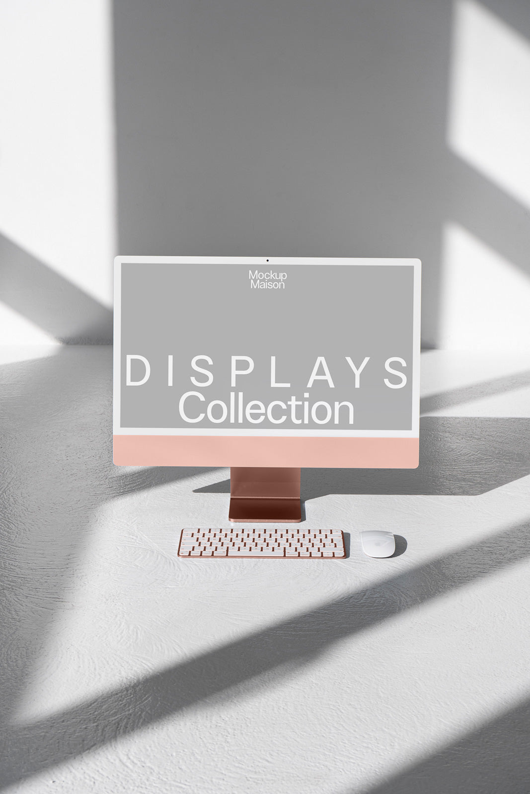 PSD mockup of a minimalist desktop setup with a modern monitor, keyboard, and mouse on a light textured surface, casting soft shadows.