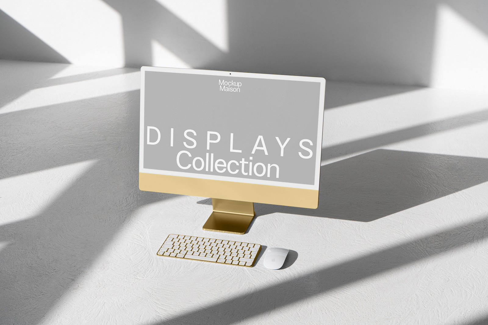 PSD mockup of a gold-colored computer monitor on a white surface, accompanied by a matching keyboard and mouse, with "DISPLAYS Collection" text on the screen.