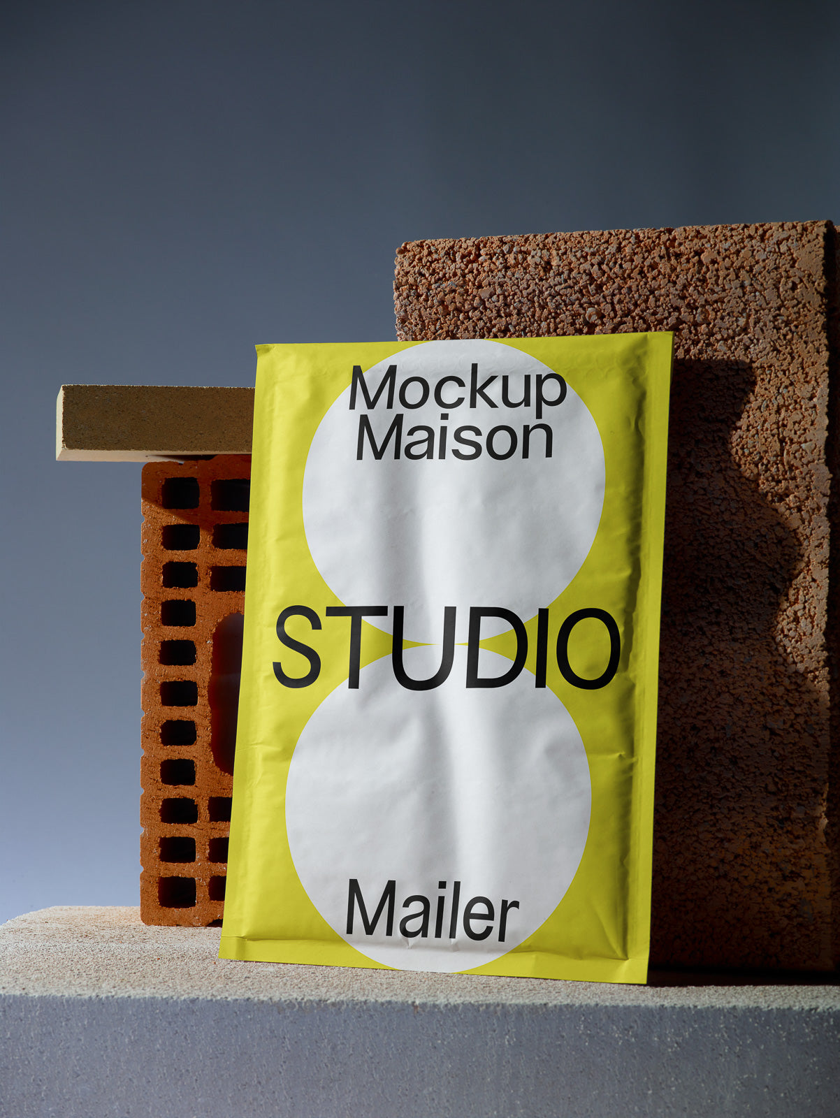 PSD mockup of a yellow mailer with "Mockup Maison Studio Mailer" text, resting against a textured brick and stone background.