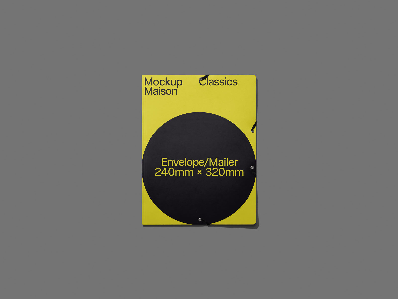 PSD mockup of a yellow envelope/mail package with black circular design and text displaying "240mm × 320mm" against a gray background.