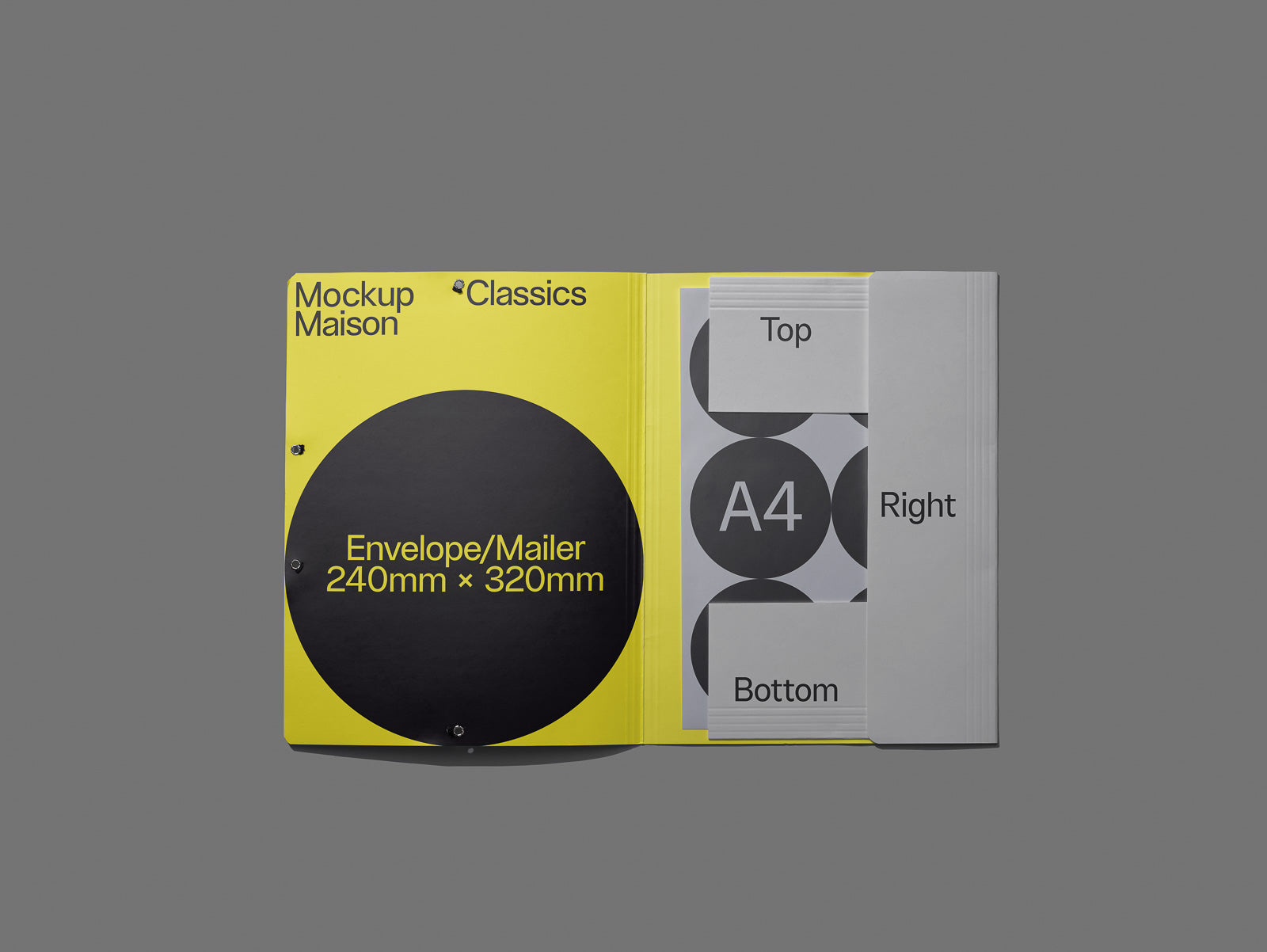 PSD mockup of an opened yellow envelope with a black circular design, revealing an A4 paper inside. The envelope dimensions are 240mm x 320mm.
