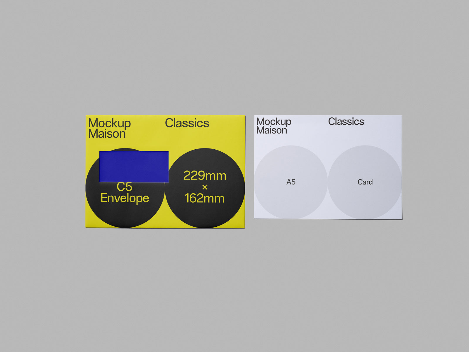 PSD mockup of a yellow C5 envelope and A5 card with black text and circular design elements on a gray background.